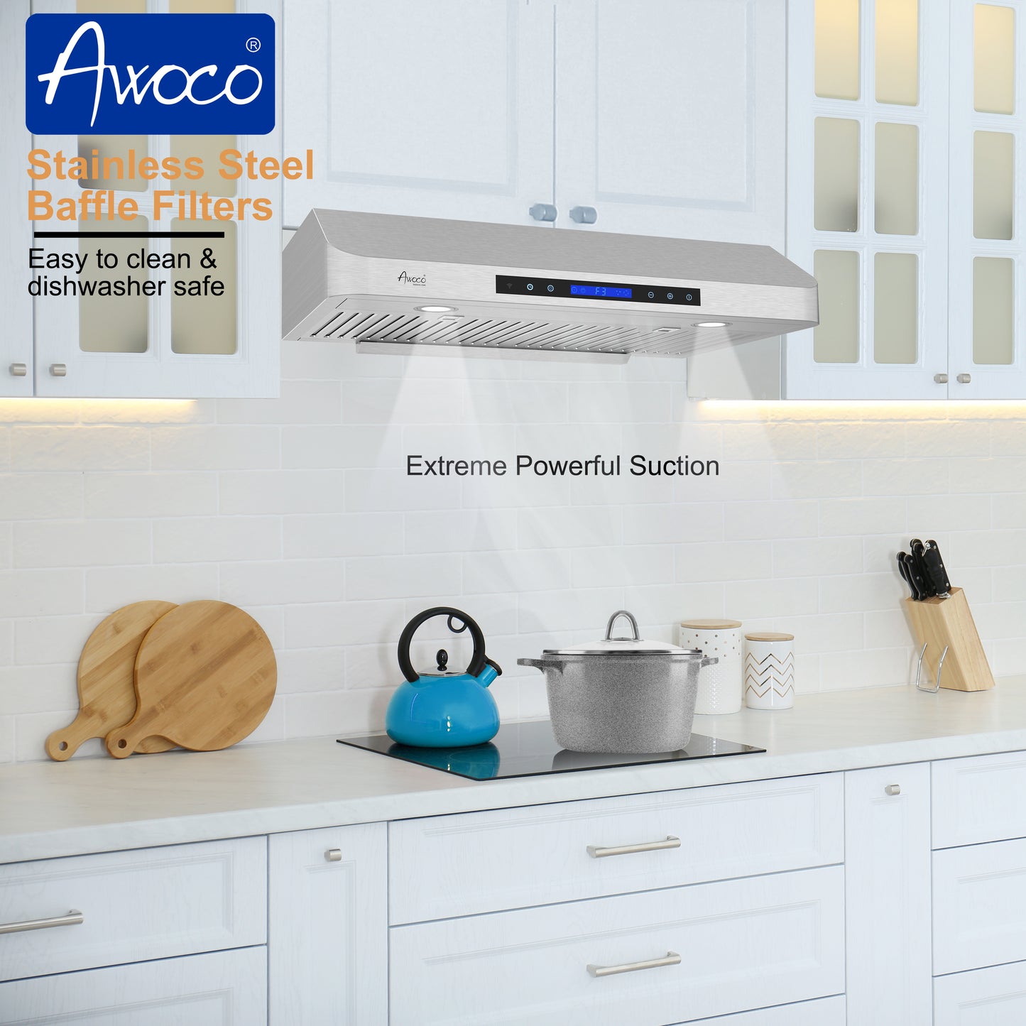 Awoco RH-C06-A30 Classic 6” High 1mm Thick Stainless Steel Under Cabinet 4 Speeds 900 CFM Range Hood with 2 LED Lights & 2 Levels of Lighting (30" W All-In-One)