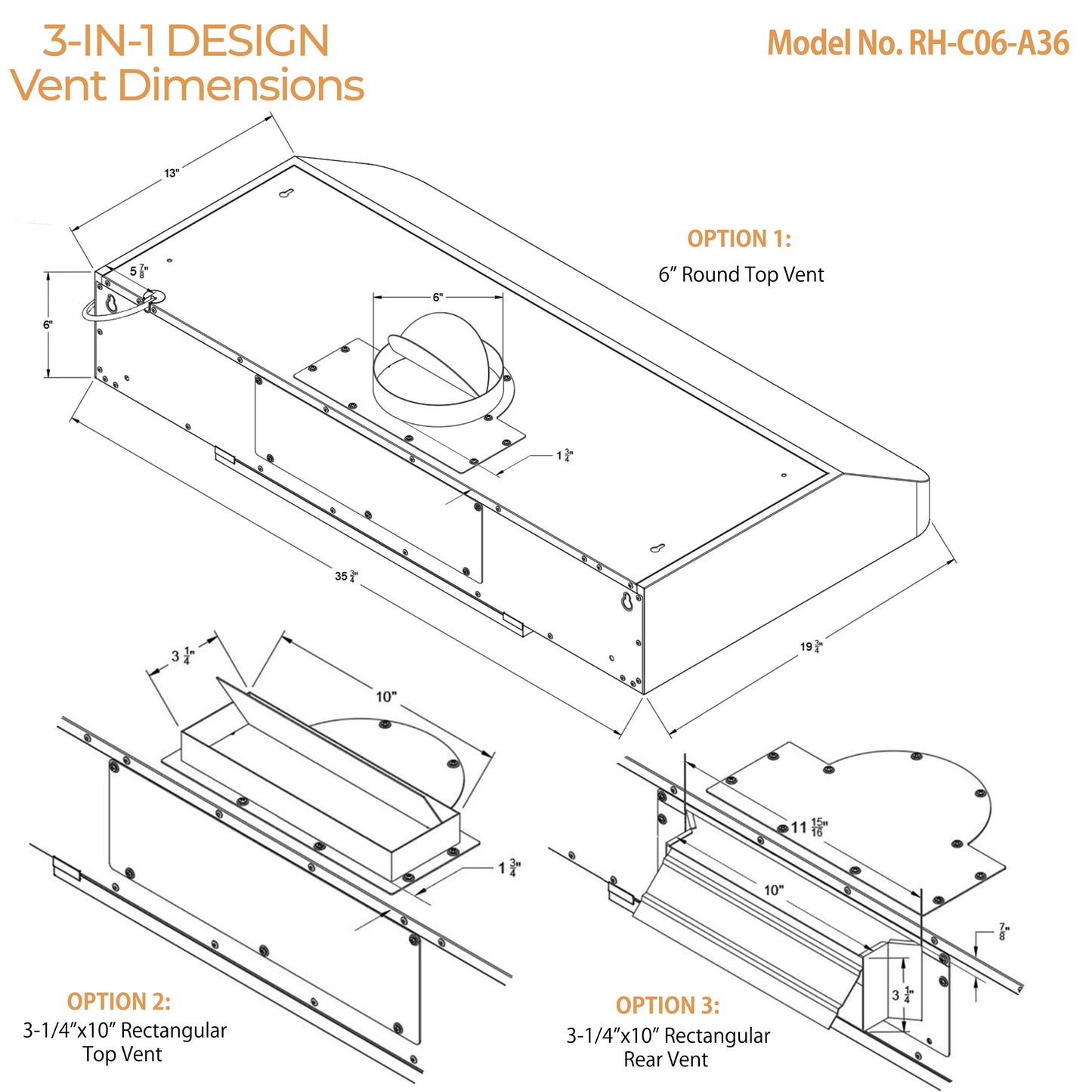 Awoco RH-C06-A36 Classic 6” High 1mm Thick Stainless Steel Under Cabinet 4 Speeds 900 CFM Range Hood with 2 LED Lights & 2 Levels of Lighting (36" W All-In-One)