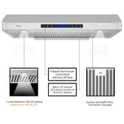 Awoco RH-C06-A42 Classic 6” High 1mm Thick Stainless Steel Under Cabinet 4 Speeds 900 CFM Range Hood with 2 LED Lights & 2 Levels of Lighting (42" W All-In-One)