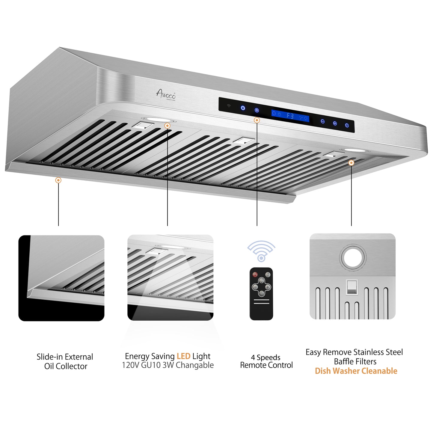 Awoco RH-S10-30S Under Cabinet Supreme 7” High Stainless Steel Range Hood, 4 Speeds, 8” Round Top Vent, 1000CFM, with Remote Control