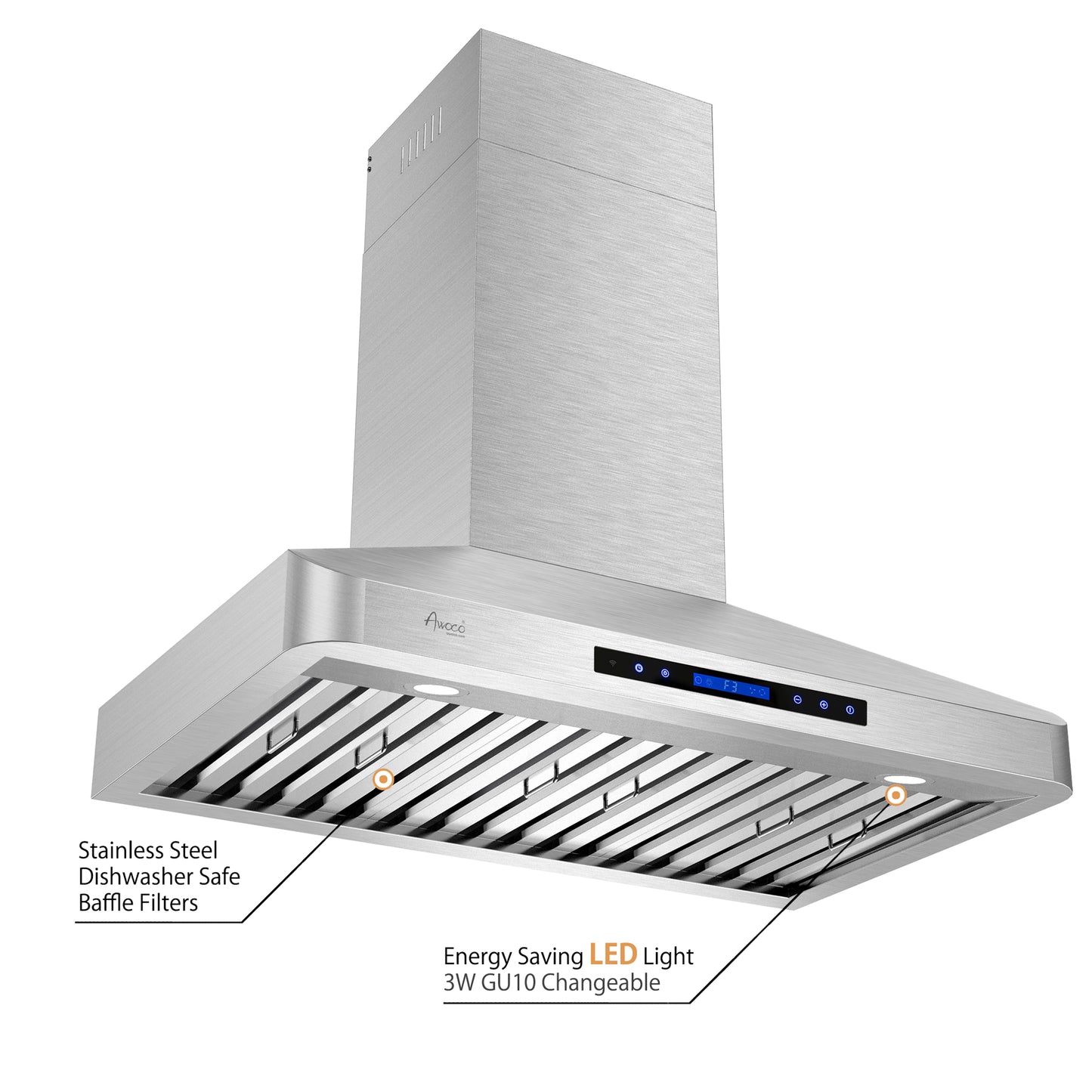 Awoco RH-WT-30 48-1/2"H Stainless Steel Range Hood 4 Speeds, 6” Round Top Vent 900CFM 2 LED Lights & Remote Control (30” Wall Mount)