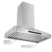Awoco RH-WT-30 48-1/2"H Stainless Steel Range Hood 4 Speeds, 6” Round Top Vent 900CFM 2 LED Lights & Remote Control (30” Wall Mount)