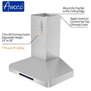 Awoco RH-WT-30 48-1/2"H Stainless Steel Range Hood 4 Speeds, 6” Round Top Vent 900CFM 2 LED Lights & Remote Control (30” Wall Mount)