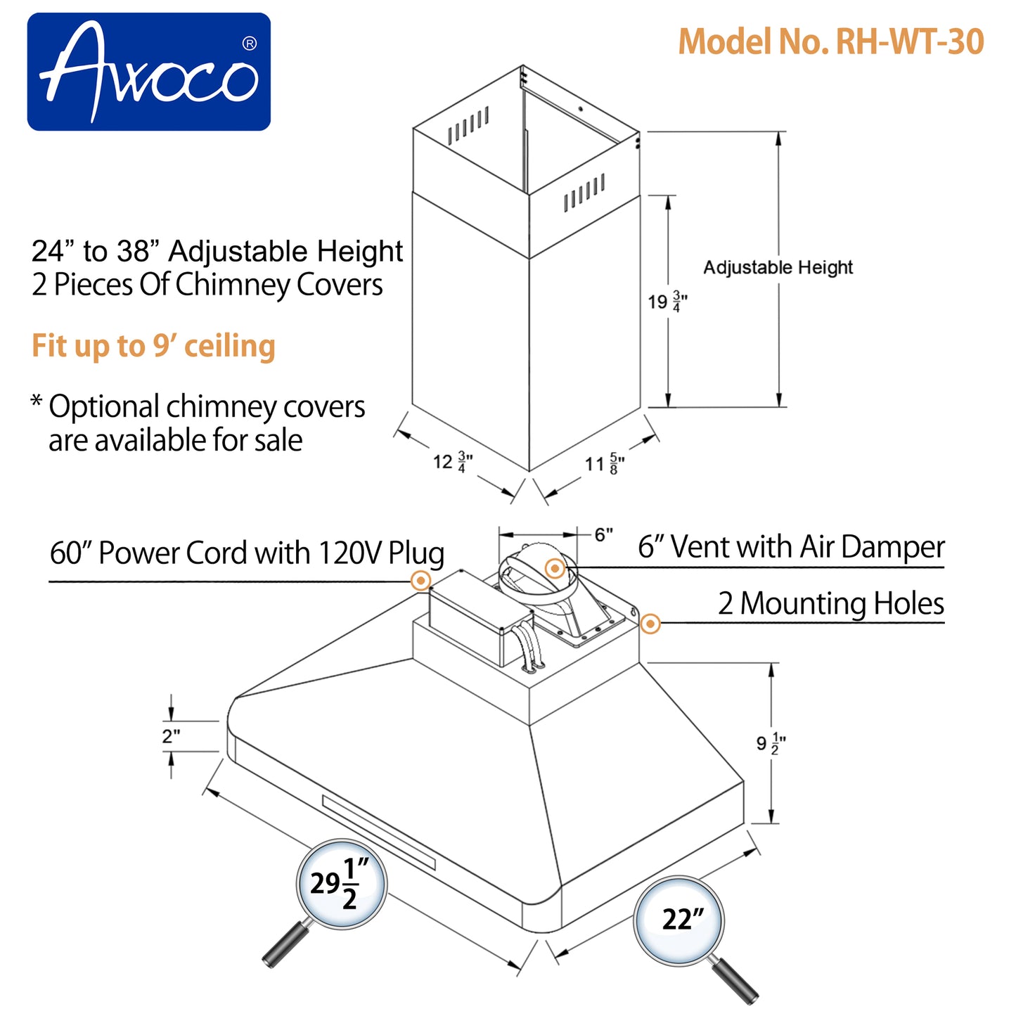 Awoco RH-WT-30 48-1/2"H Stainless Steel Range Hood 4 Speeds, 6” Round Top Vent 900CFM 2 LED Lights & Remote Control (30” Wall Mount)