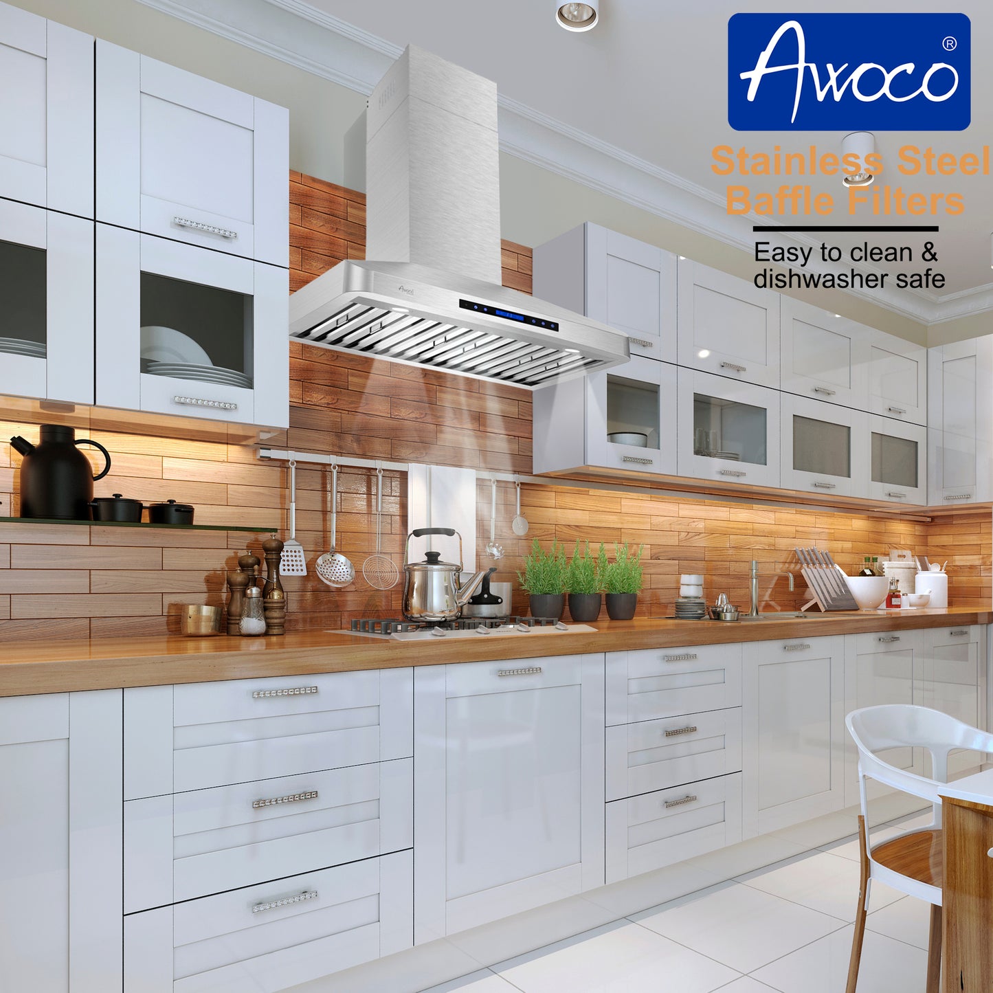 Awoco RH-WT-30 48-1/2"H Stainless Steel Range Hood 4 Speeds, 6” Round Top Vent 900CFM 2 LED Lights & Remote Control (30” Wall Mount)