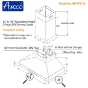 Awoco RH-WT-36 48-1/2"H Stainless Steel Range Hood 4 Speeds, 6” Round Top Vent 900CFM 2 LED Lights & Remote Control (36" Wall Mount)