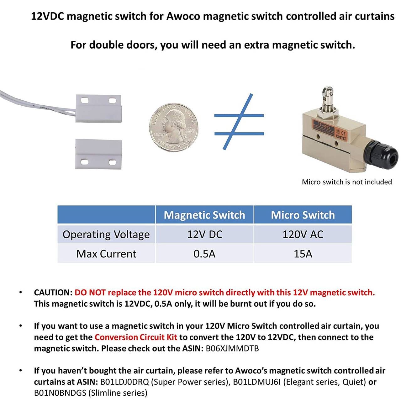 Awoco 12VDC Easy-Install Magnetic Switch for Awoco Magnetic Switch Controlled Air Curtains (Magnetic Switch)