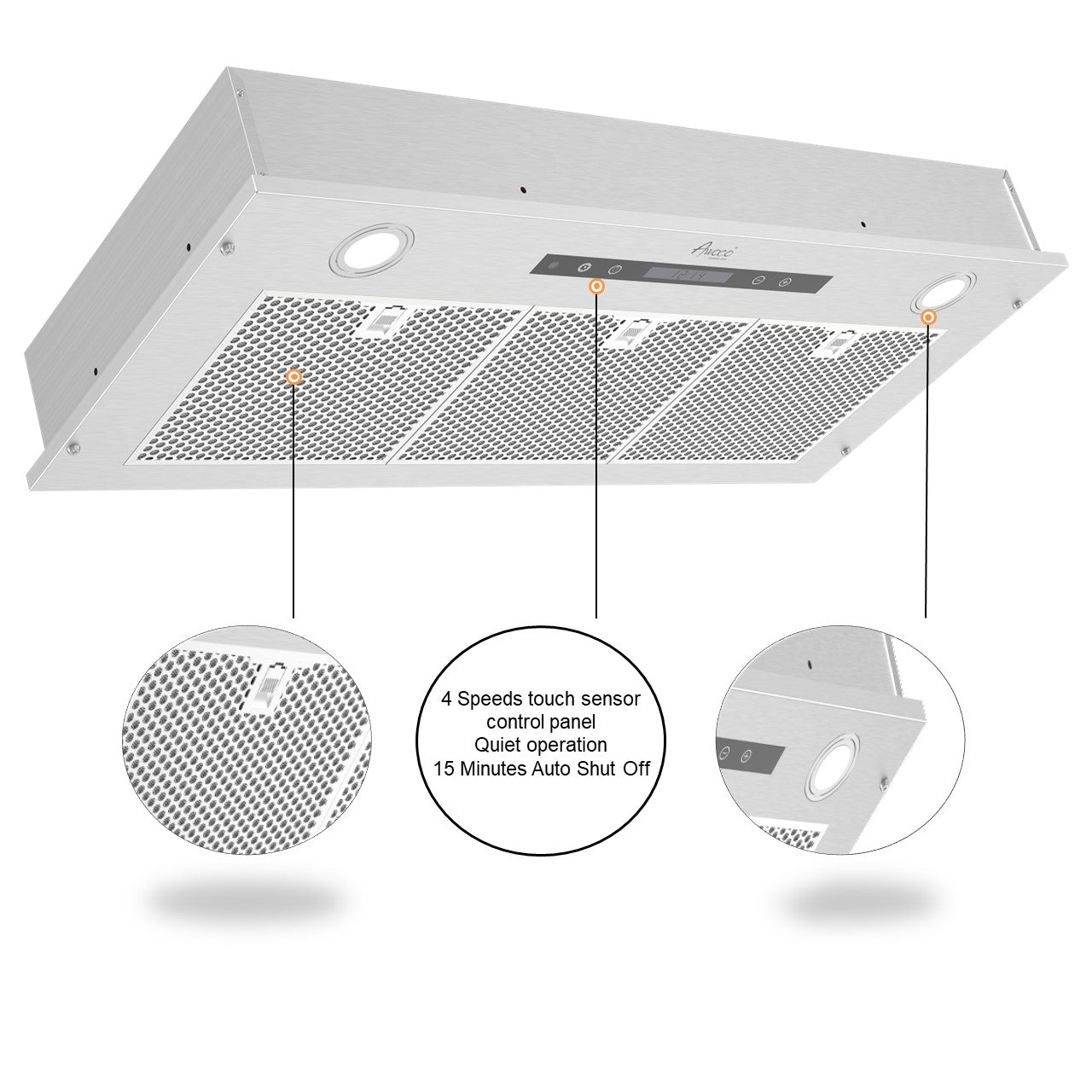 Awoco RH-IT06-R36 14-1/2”D Super Quiet Split Insert Ceiling Mount Stainless Steel Range Hood, 4-Speed, 800 CFM, LED Lights with 6” Blower & Remote Control (36"W 6" Vent)