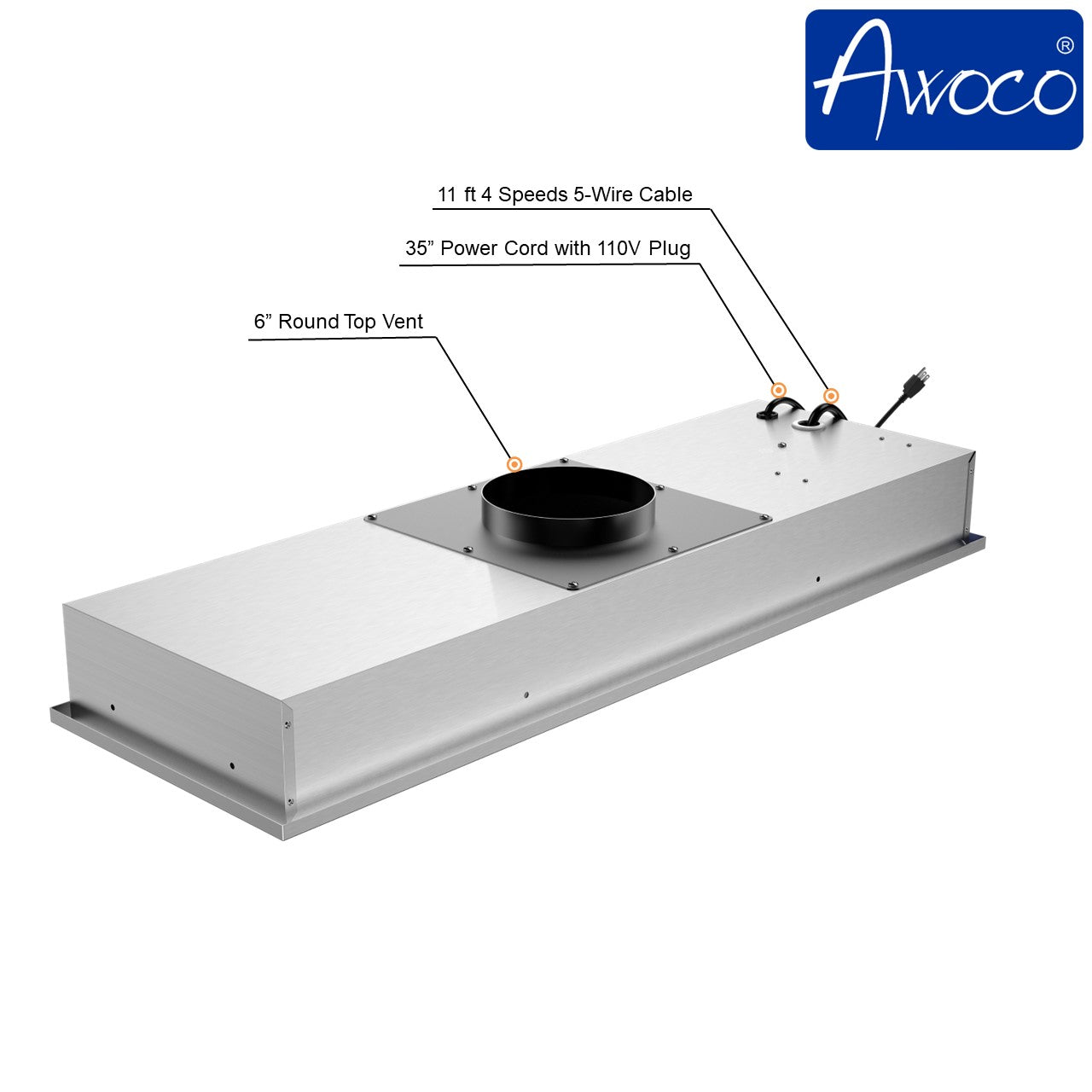 Awoco RH-IT06-R36 14-1/2”D Super Quiet Split Insert Ceiling Mount Stainless Steel Range Hood, 4-Speed, 800 CFM, LED Lights with 6” Blower & Remote Control (36"W 6" Vent)