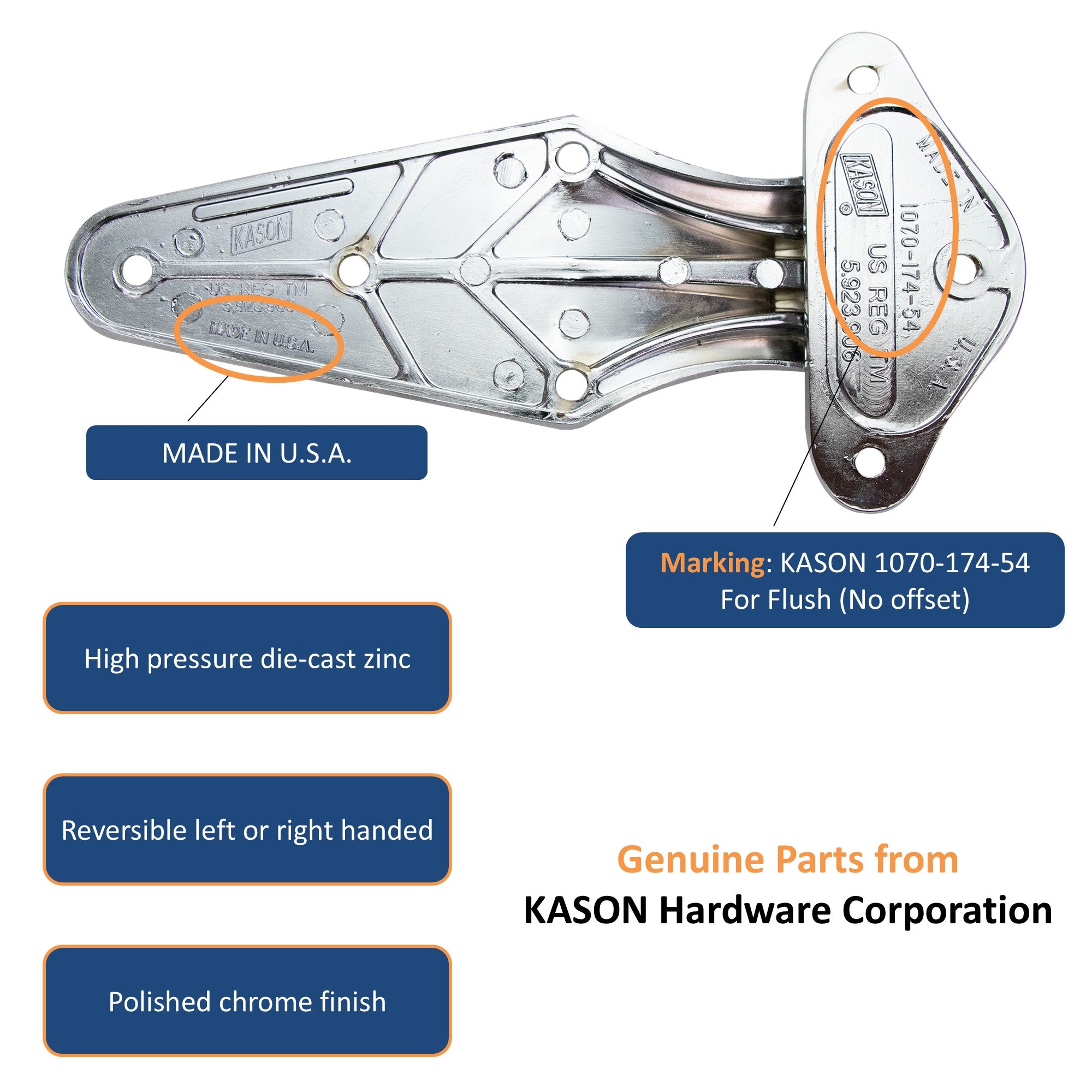 KASON 1070 Reversible Surfacemount Narrow Flange Hinge Chrome Finish for Restaurant Equipment