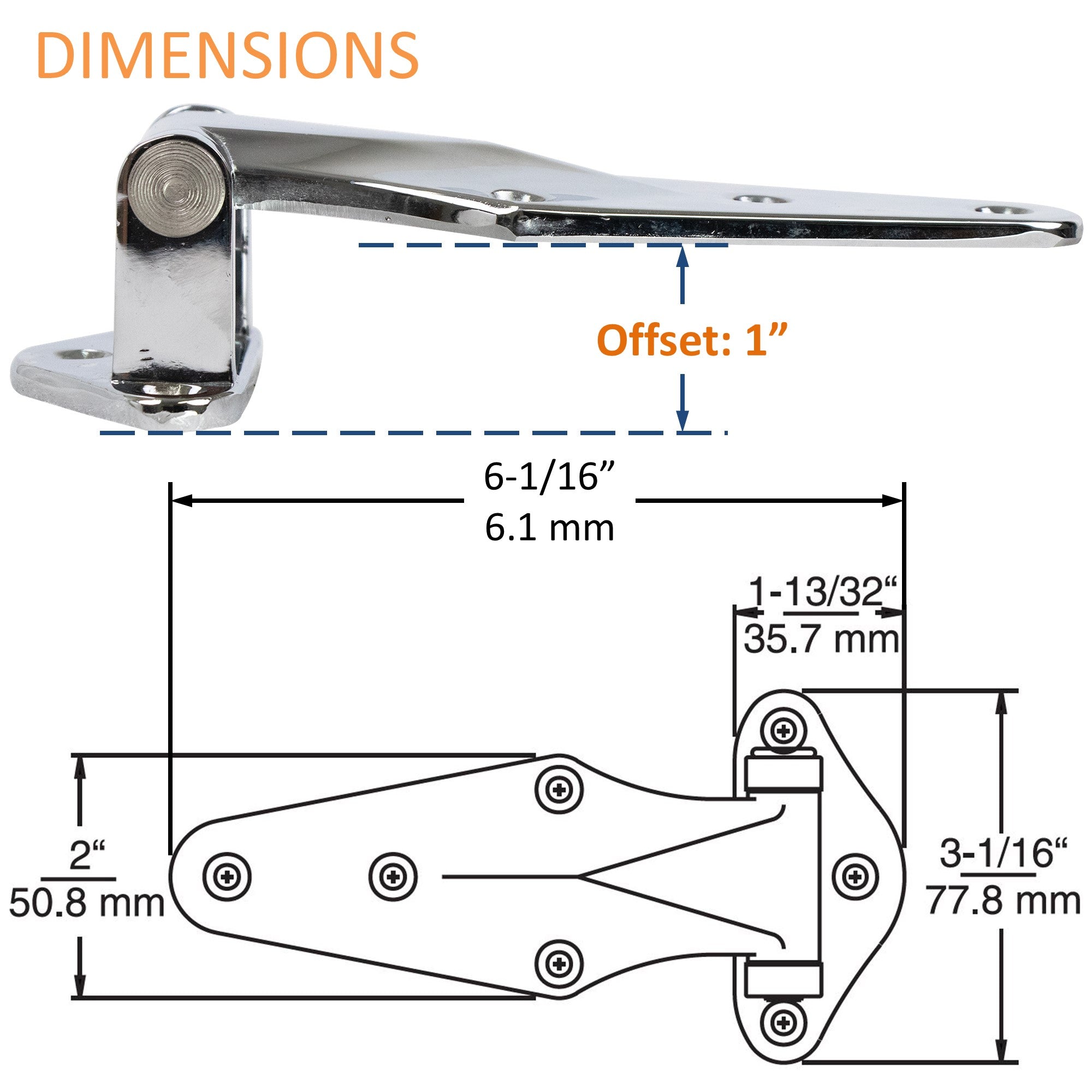 KASON 1070 Reversible Surfacemount Narrow Flange Hinge Chrome Finish for Restaurant Equipment