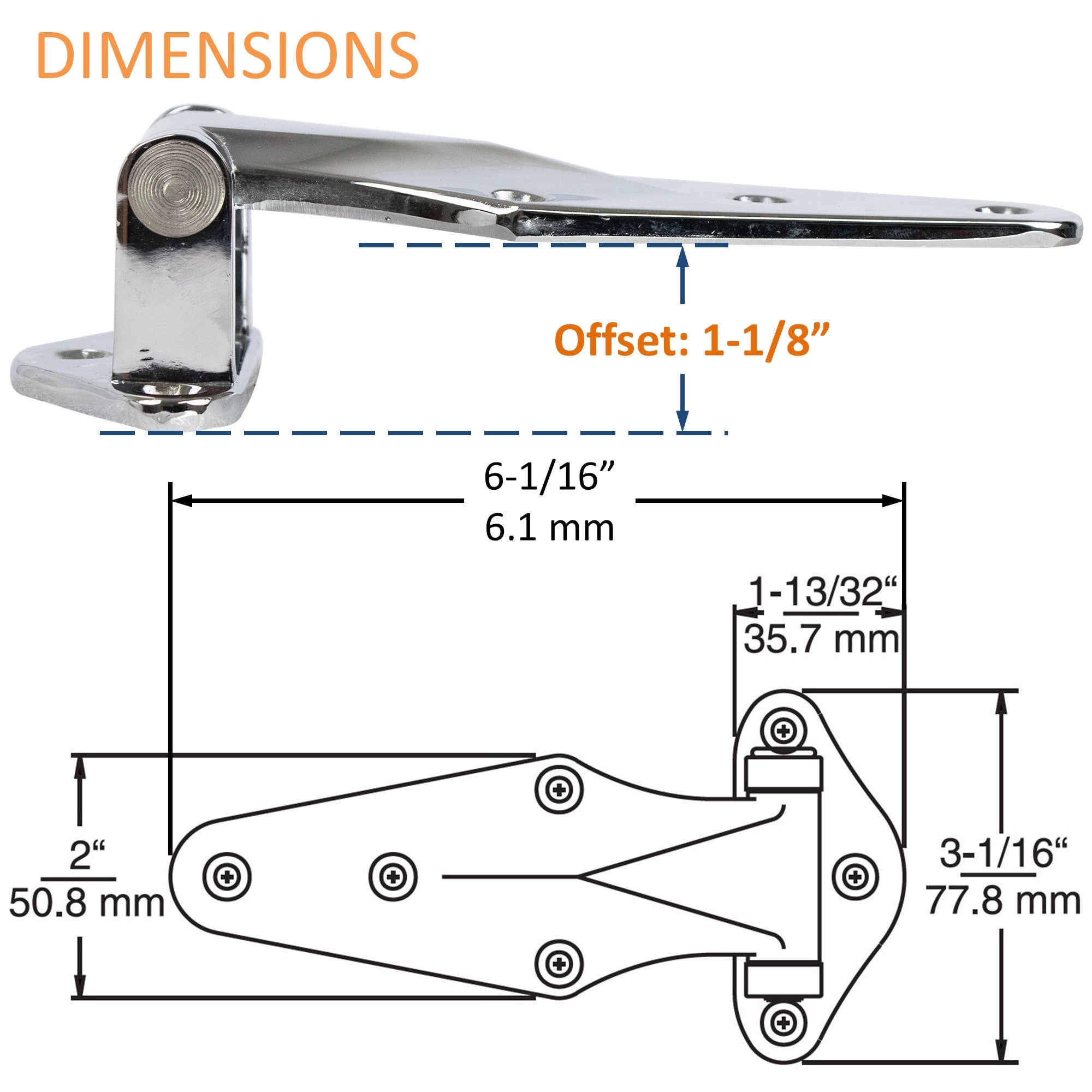 KASON 1070 Reversible Surfacemount Narrow Flange Hinge Chrome Finish for Restaurant Equipment