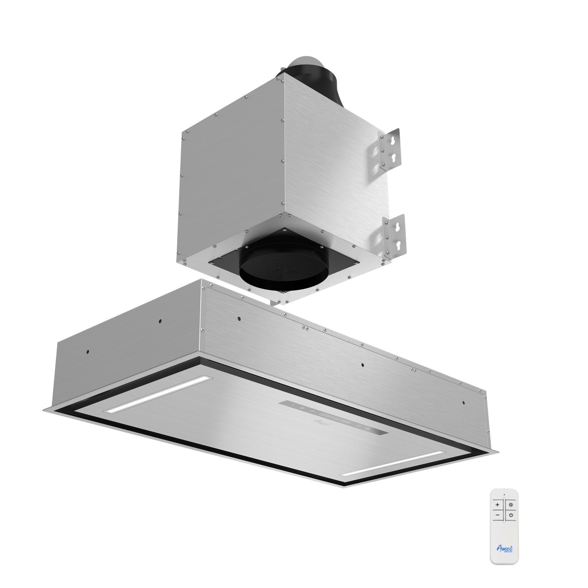 Awoco 36”W Flush Ceiling Mount Split Insert Range Hood, Stainless Steel 4 Speeds 800 CFM, 6” Round Vent LED Lights Remote Control