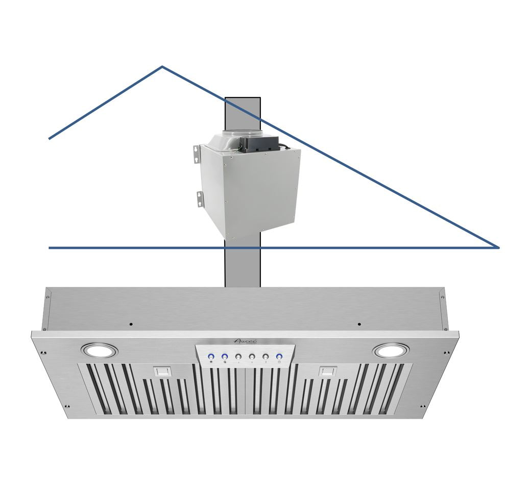 Awoco RH-IT08-M30 14-1/2"D Super Quiet Split Insert Stainless Steel Range Hood, 4-Speeds, 1000 CFM, Baffle Filters, LED Lights with 8” Blower (30"W 8" Vent)