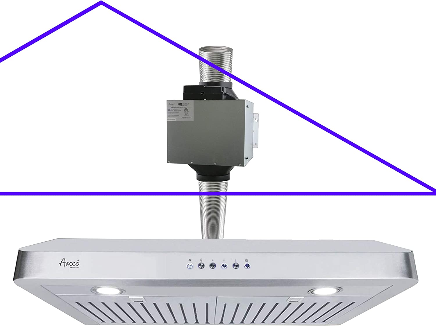 Awoco RH-SP06-36 Super Quiet Split 6" High 1mm Thick Stainless Steel Under Cabinet 4 Speeds 800CFM Range Hood with 2 LED Lights, 6" Round Top Vent