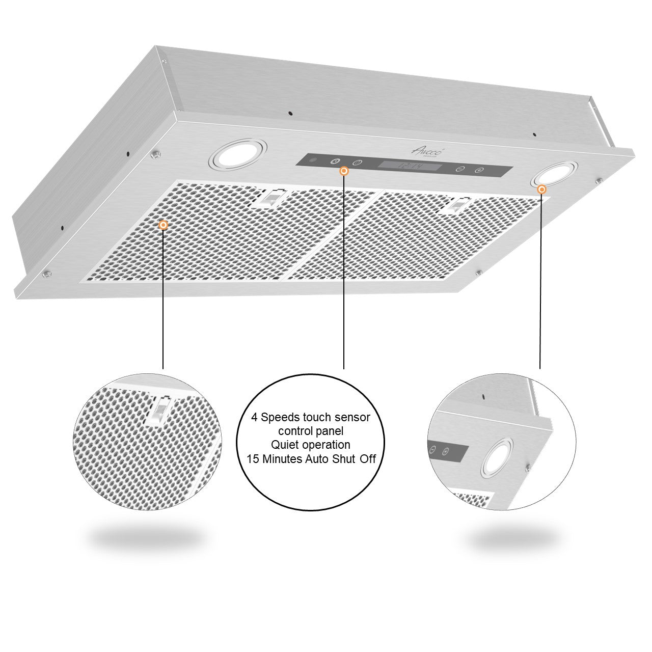 Awoco RH-IT06-R30 14-1/2”D Super Quiet Split Insert Ceiling Mount Stainless Steel Range Hood, 4-Speed, 800 CFM, LED Lights with 6” Blower & Remote Control (30"W 6" Vent)