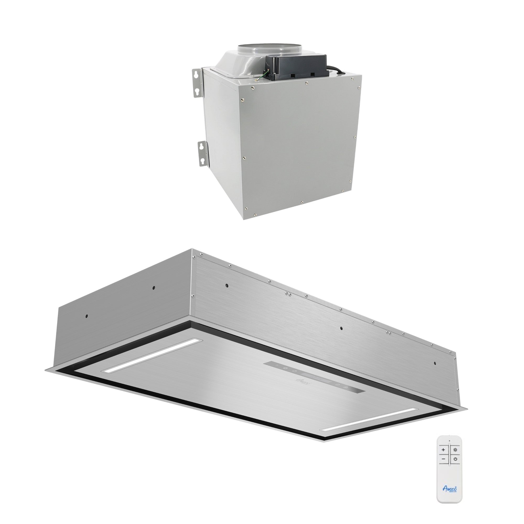 Awoco 36”W Flush Ceiling Mount Split Insert Range Hood, Stainless Steel 4 Speeds 1000 CFM, 8” Round Vent LED Lights Remote Control