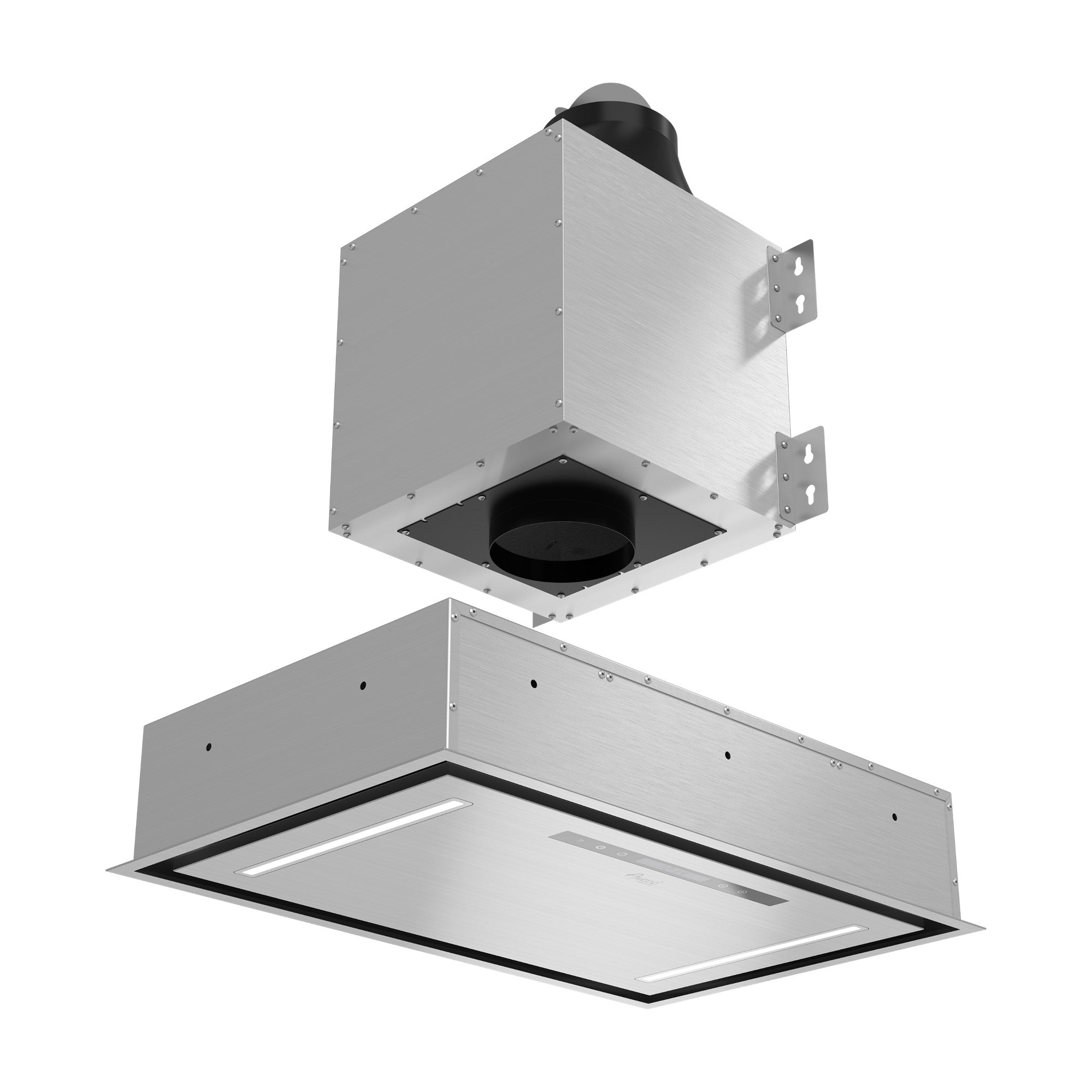 Awoco 30”W Flush Ceiling Mount Split Insert Range Hood, Stainless Steel 4 Speeds 650 CFM, 6” Round Vent LED Lights Remote Control