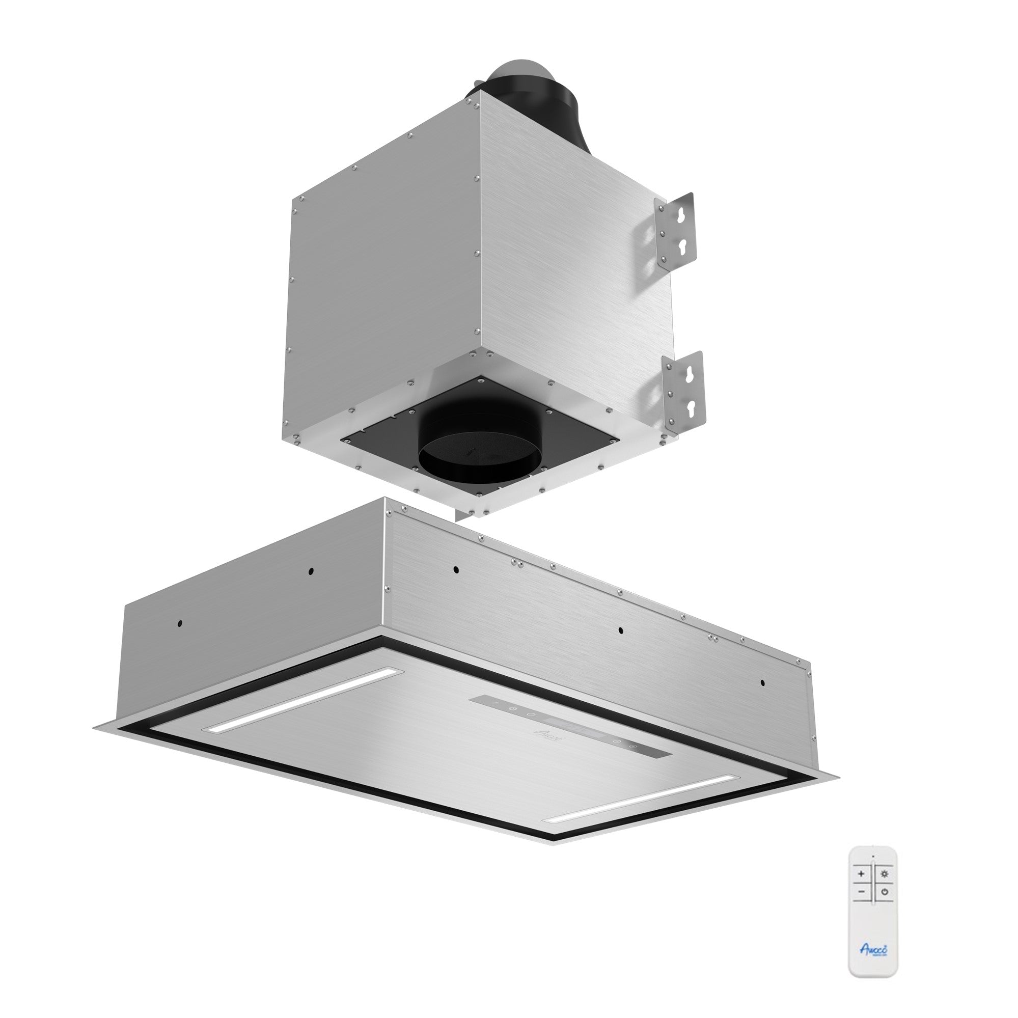 Awoco 30”W Flush Ceiling Mount Split Insert Range Hood, Stainless Steel 4 Speeds 800 CFM, 6” Round Vent LED Lights Remote Control