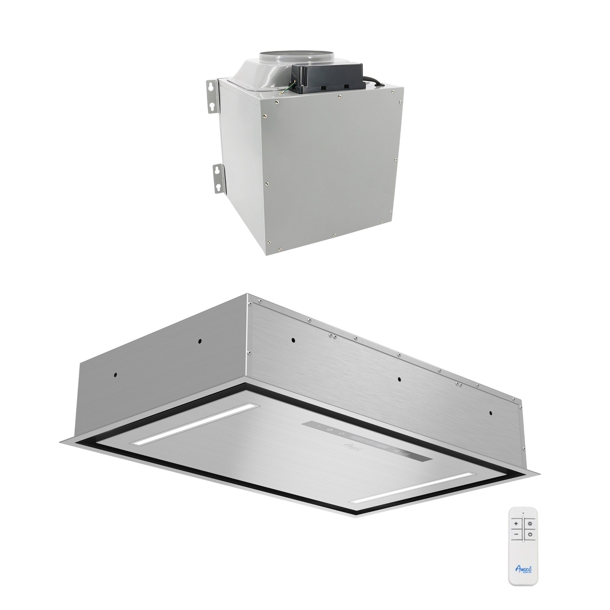 Awoco 30”W Flush Ceiling Mount Split Insert Range Hood, Stainless Steel 4 Speeds 1000 CFM, 8” Round Top Vent LED Lights Remote Control