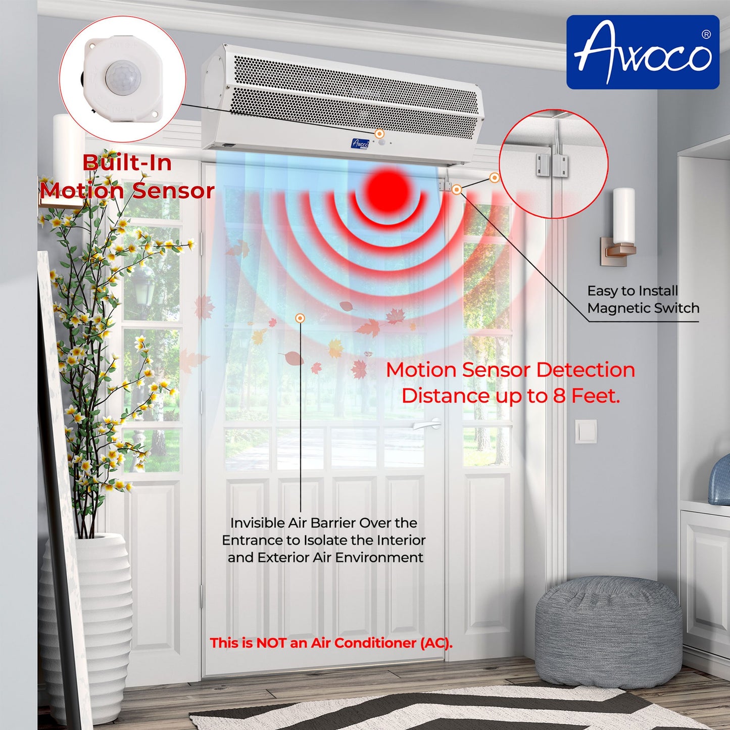 Awoco 42” Early Turn On Super Power 2 Speeds 1350 CFM Commercial Indoor Air Curtain, UL Certified, 120V Unheated with Magnetic Switch and Motion Sensor Detection