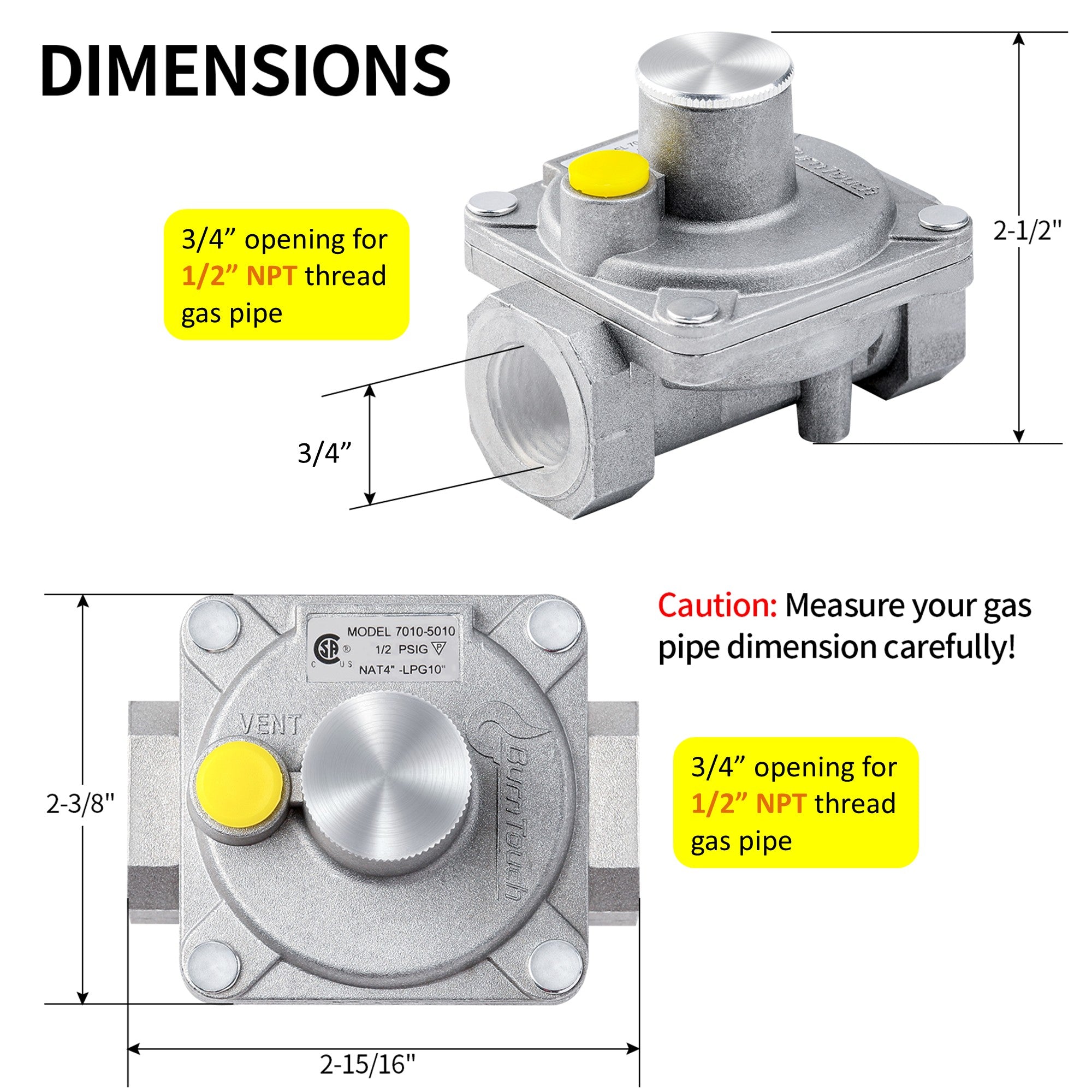 BurnTouch Gas Regulator 7010-5010 1/2 PSIG 1/2" NPT Natural Gas and Liquid Propane NAT 5" - LPG 10" WC