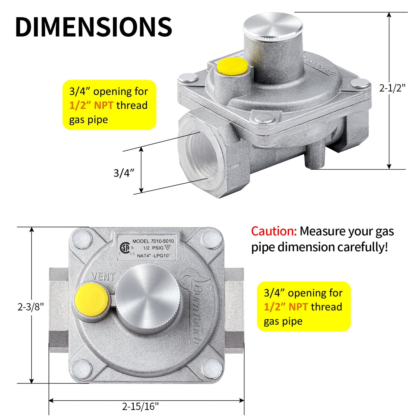 BurnTouch Gas Regulator 7010-5010 1/2 PSIG 1/2" NPT Natural Gas and Liquid Propane NAT 5" - LPG 10" WC