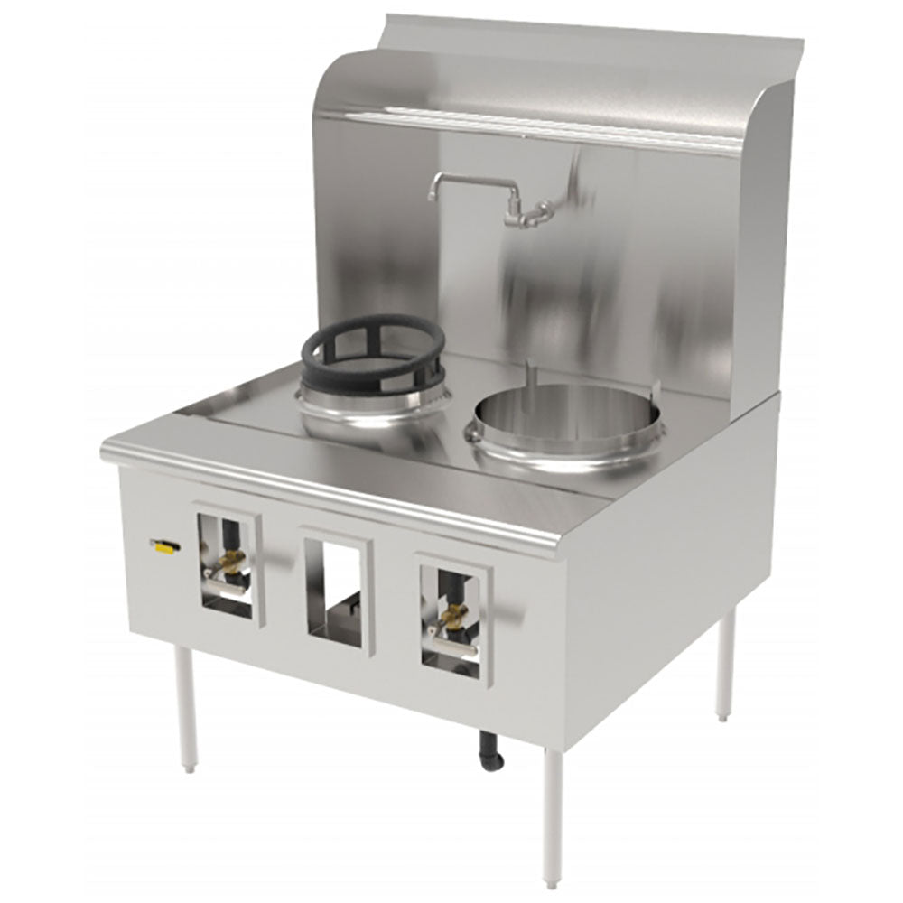 GSW CWR-2-2013 2-Chamber 2 Holes Commercial Chinese Wok Range - Standard Wok Stove with Knee-Operated Gas Valve, Waterfall Backsplash, Front Drainage and Swing Faucet