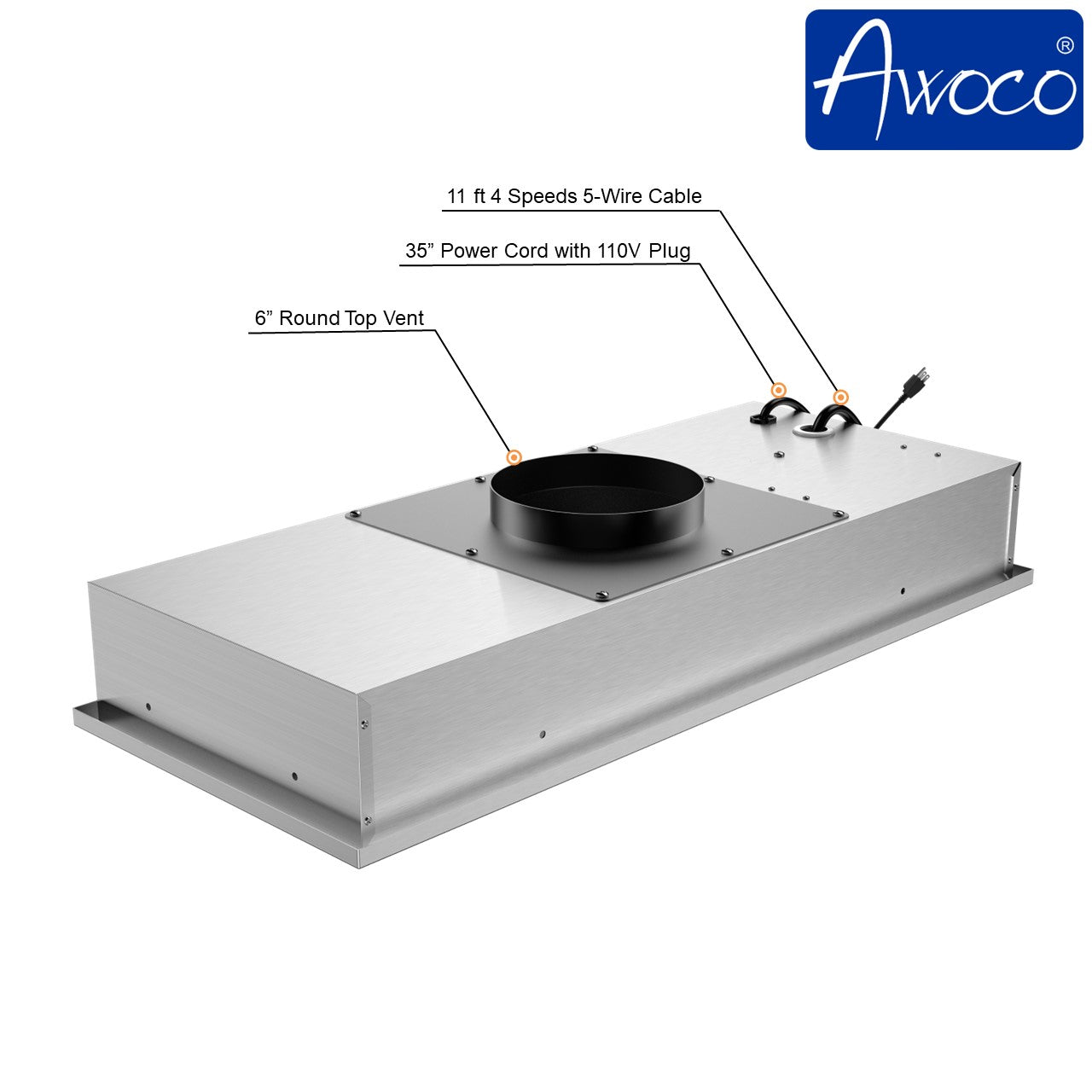 Awoco RH-IT06-R30 14-1/2”D Super Quiet Split Insert Ceiling Mount Stainless Steel Range Hood, 4-Speed, 800 CFM, LED Lights with 6” Blower & Remote Control (30"W 6" Vent)