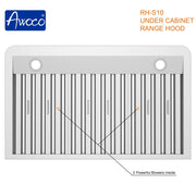 Awoco RH-S10-36 Supreme 10” High Stainless Steel Under Cabinet Range Hood 4 Speeds, 8” Round Top Vent, 1000CFM 2 LED Lights, Remote Control (36”W)