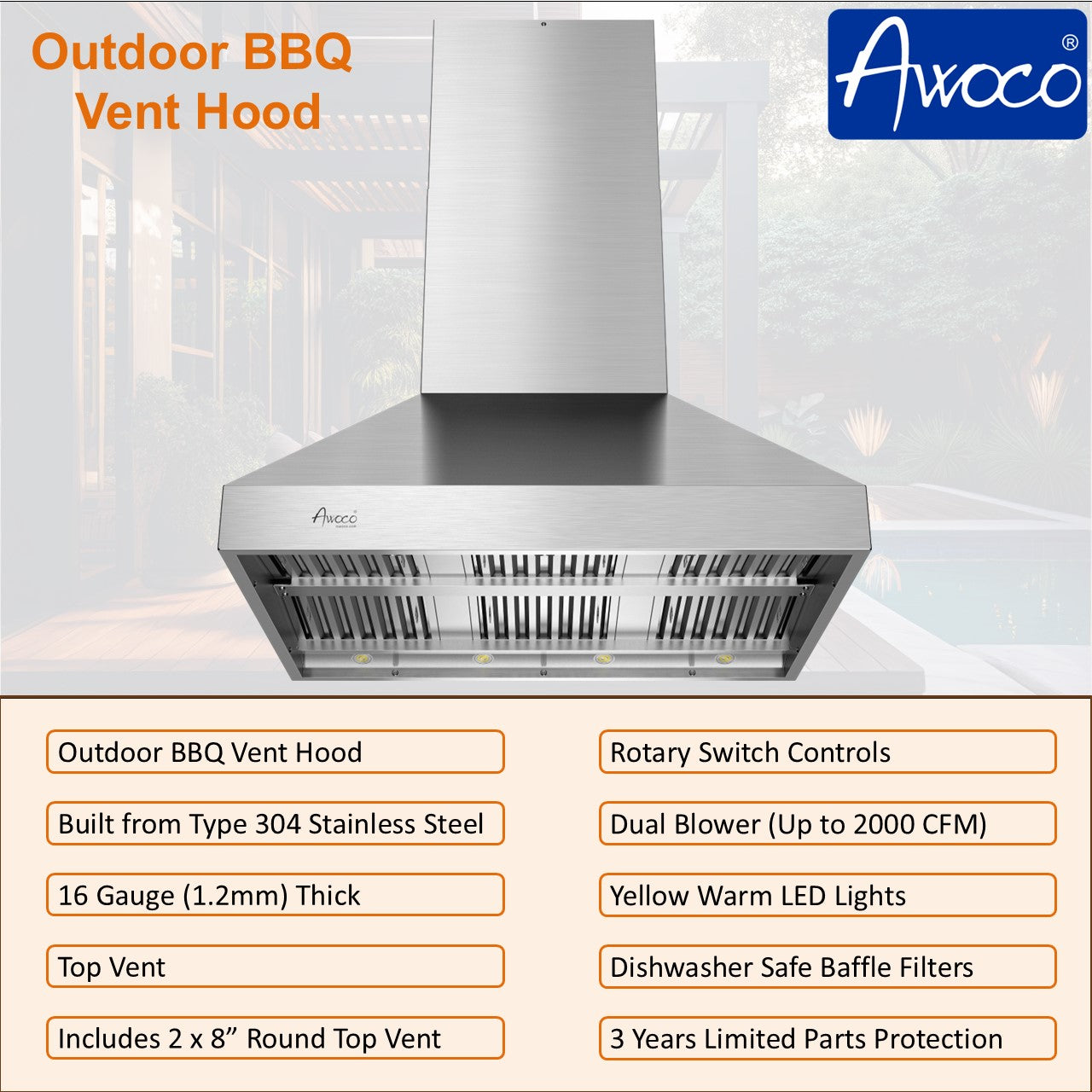 Awoco 48” Outdoor BBQ Island Mount Vent Hood Type 304 Stainless Steel, 4 Speeds 2000 CFM, Dual Blowers, Adjustable LED Lights, 2 x 8” Round Top Vents