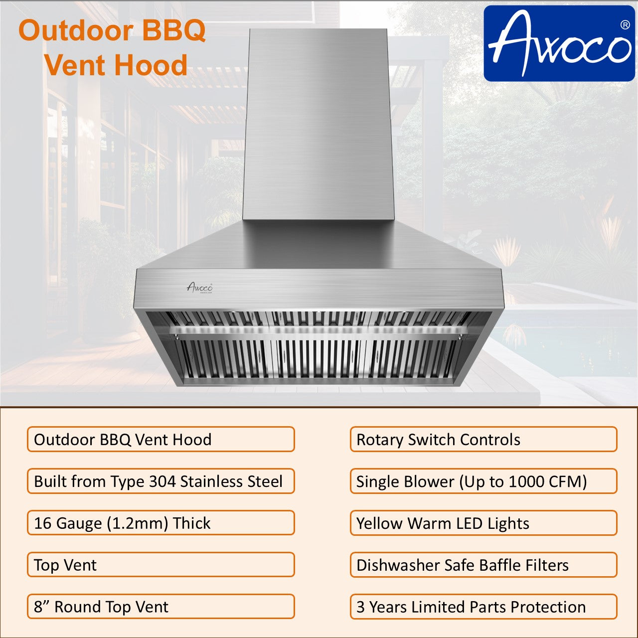 Awoco 42” Outdoor BBQ Wall Mount Vent Hood Type 304 Stainless Steel, 4 Speeds 1000 CFM, Adjustable LED Lights, 8” Round Top Vent