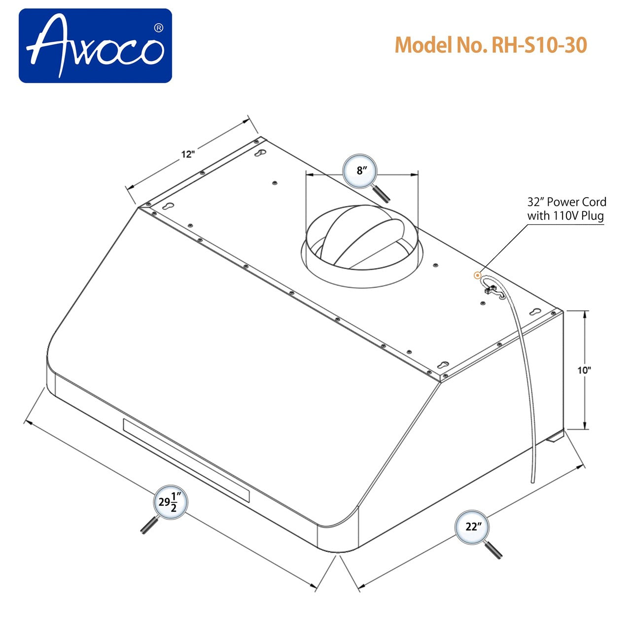 Awoco RH-S10-30 Supreme 10” High Stainless Steel Under Cabinet Range Hood 4 Speeds, 8” Round Top Vent, 1000CFM 2 LED Lights, Remote Control (30”W)