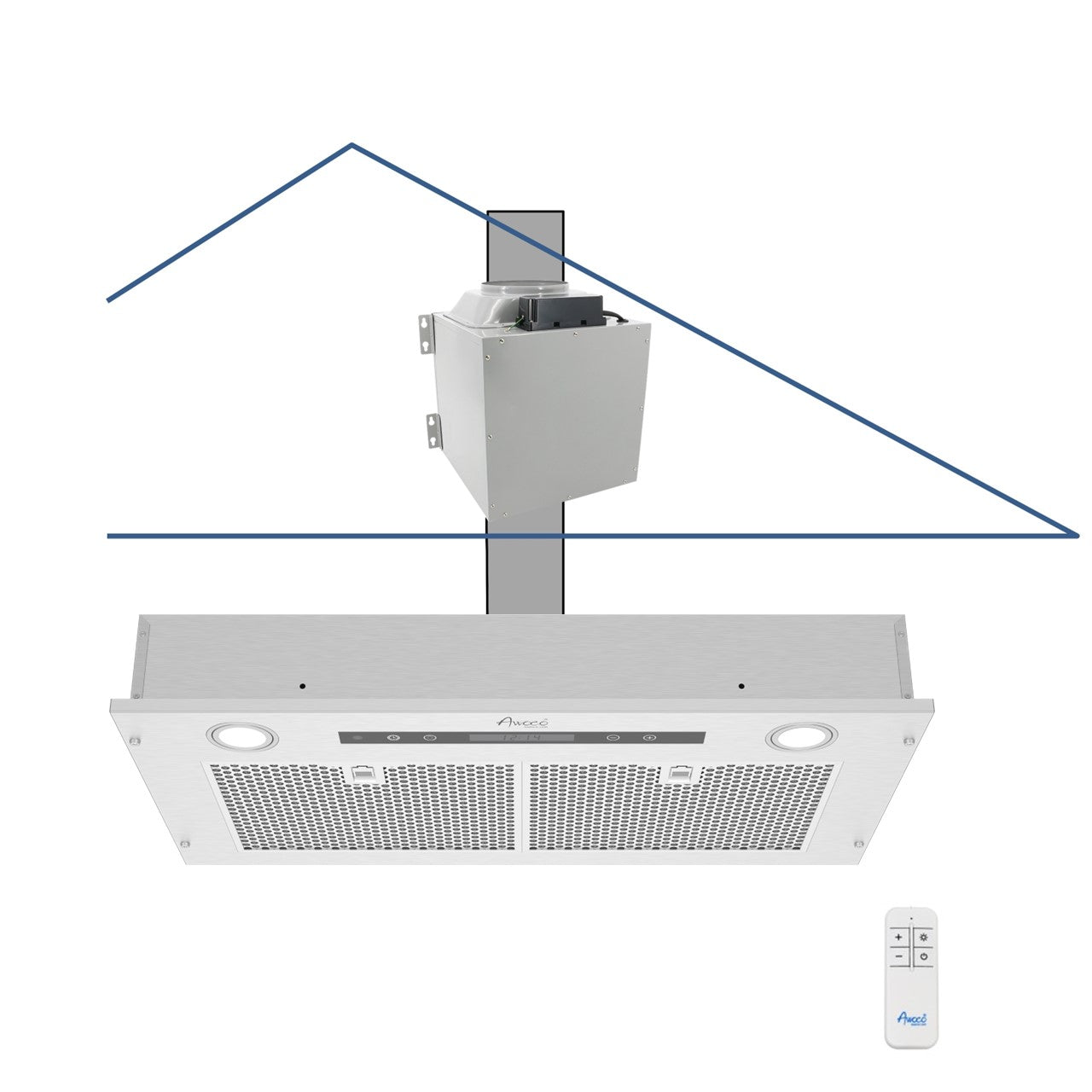 Awoco RH-IT08-R30 14-1/2”D Super Quiet Split Insert Ceiling Mount Stainless Steel Range Hood, 4-Speed, 1000 CFM, LED Lights with 8” Blower & Remote Control (30"W 8" Vent)