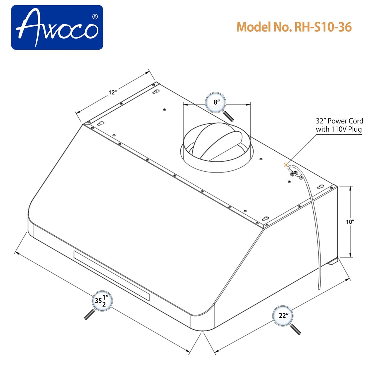 Awoco RH-S10-36 Supreme 10” High Stainless Steel Under Cabinet Range Hood 4 Speeds, 8” Round Top Vent, 1000CFM 2 LED Lights, Remote Control (36”W)