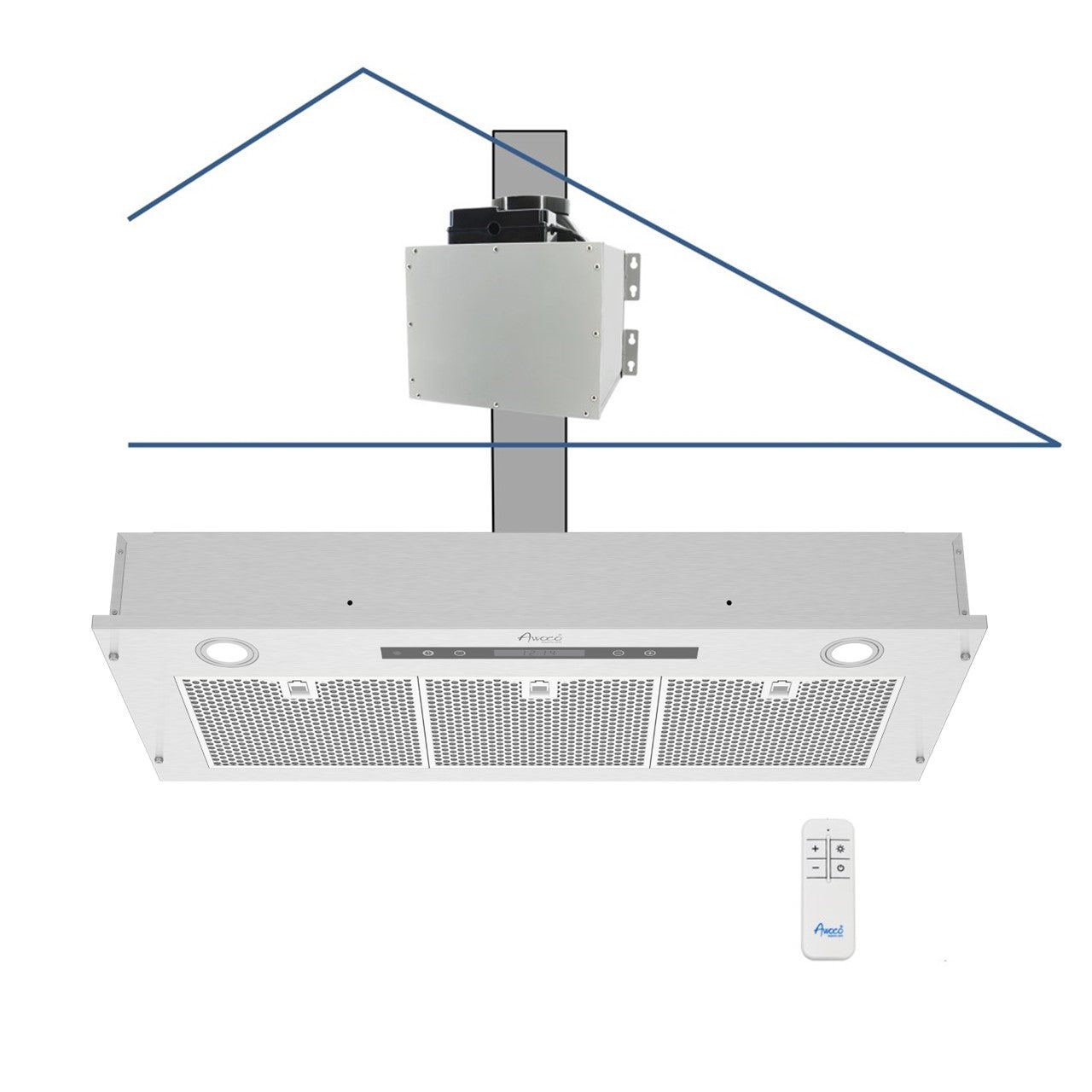 Awoco RH-IT06-R36 14-1/2”D Super Quiet Split Insert Ceiling Mount Stainless Steel Range Hood, 4-Speed, 800 CFM, LED Lights with 6” Blower & Remote Control (36"W 6" Vent)