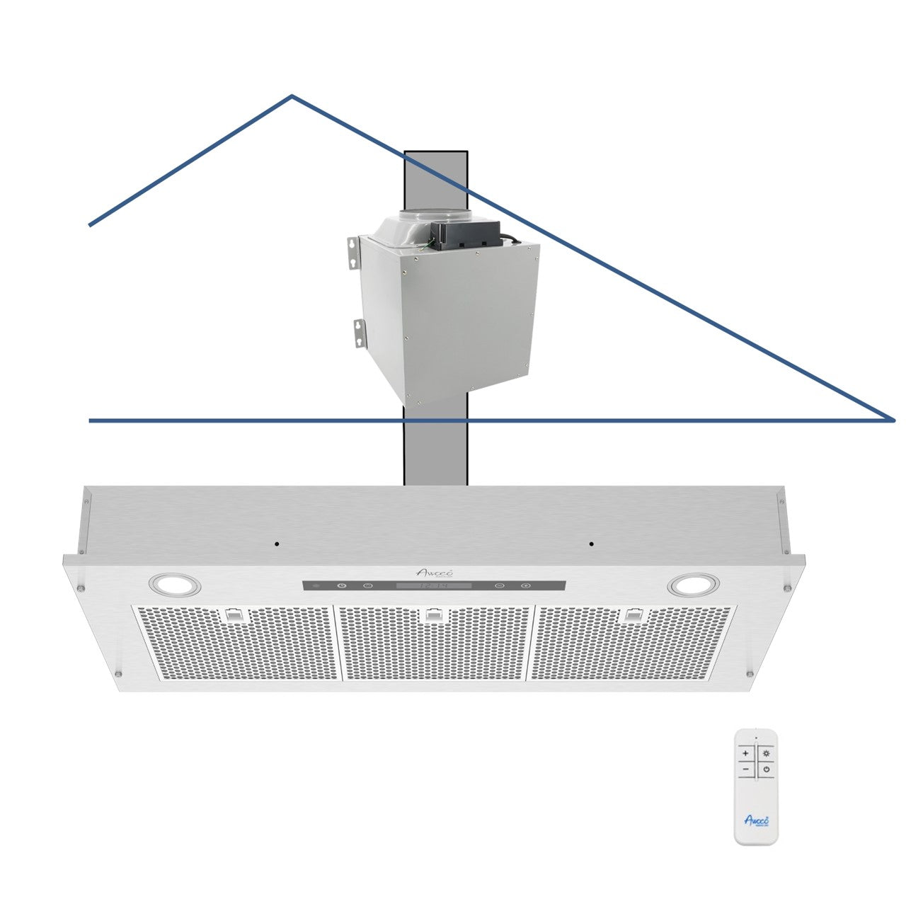 Awoco RH-IT08-R36 14-1/2”D Super Quiet Split Insert Ceiling Mount Stainless Steel Range Hood, 4-Speed, 1000 CFM, LED Lights with 8” Blower & Remote Control (36"W 8" Vent)