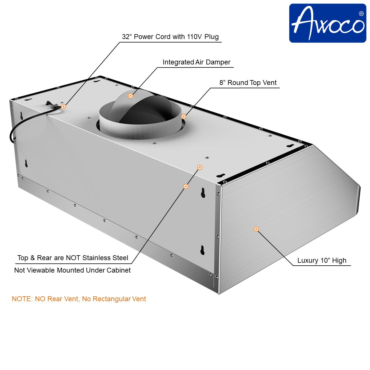 Awoco RH-S10-30 Supreme 10” High Stainless Steel Under Cabinet Range Hood 4 Speeds, 8” Round Top Vent, 1000CFM 2 LED Lights, Remote Control (30”W)