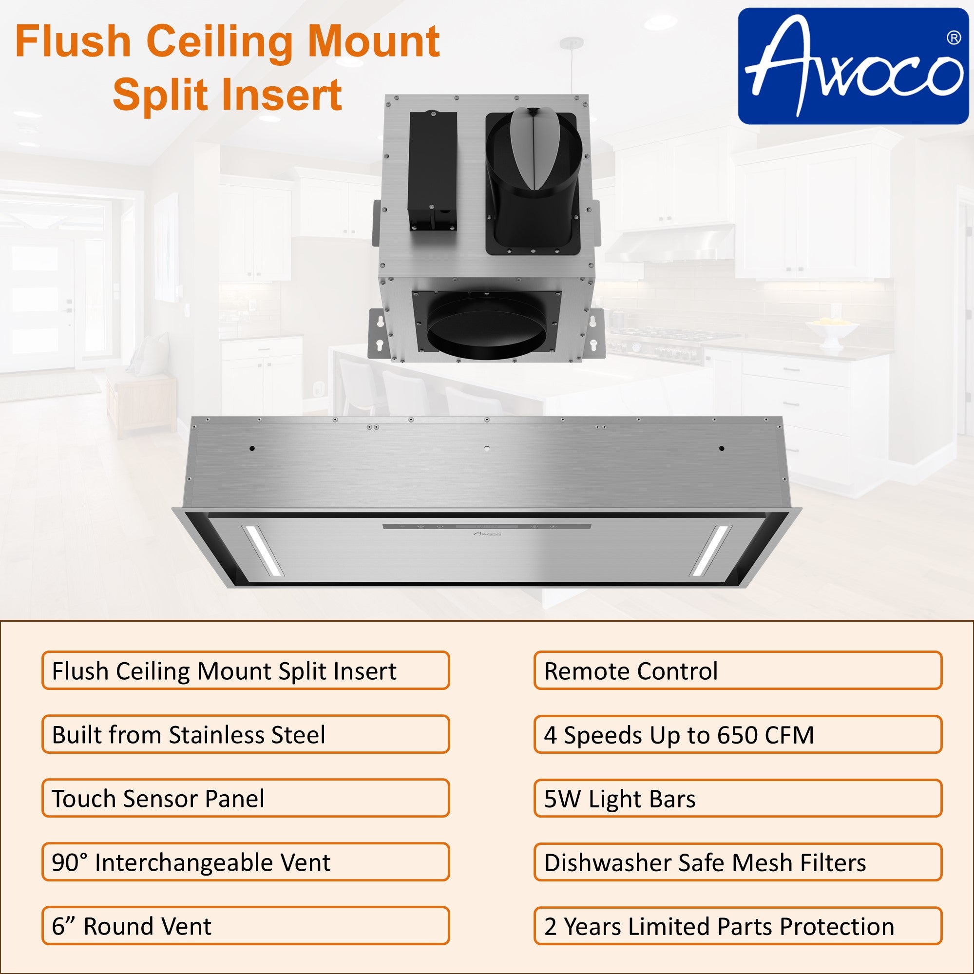 Awoco 36”W Flush Ceiling Mount Split Insert Range Hood, Stainless Steel 4 Speeds 650 CFM, 6” Round Vent LED Lights Remote Control