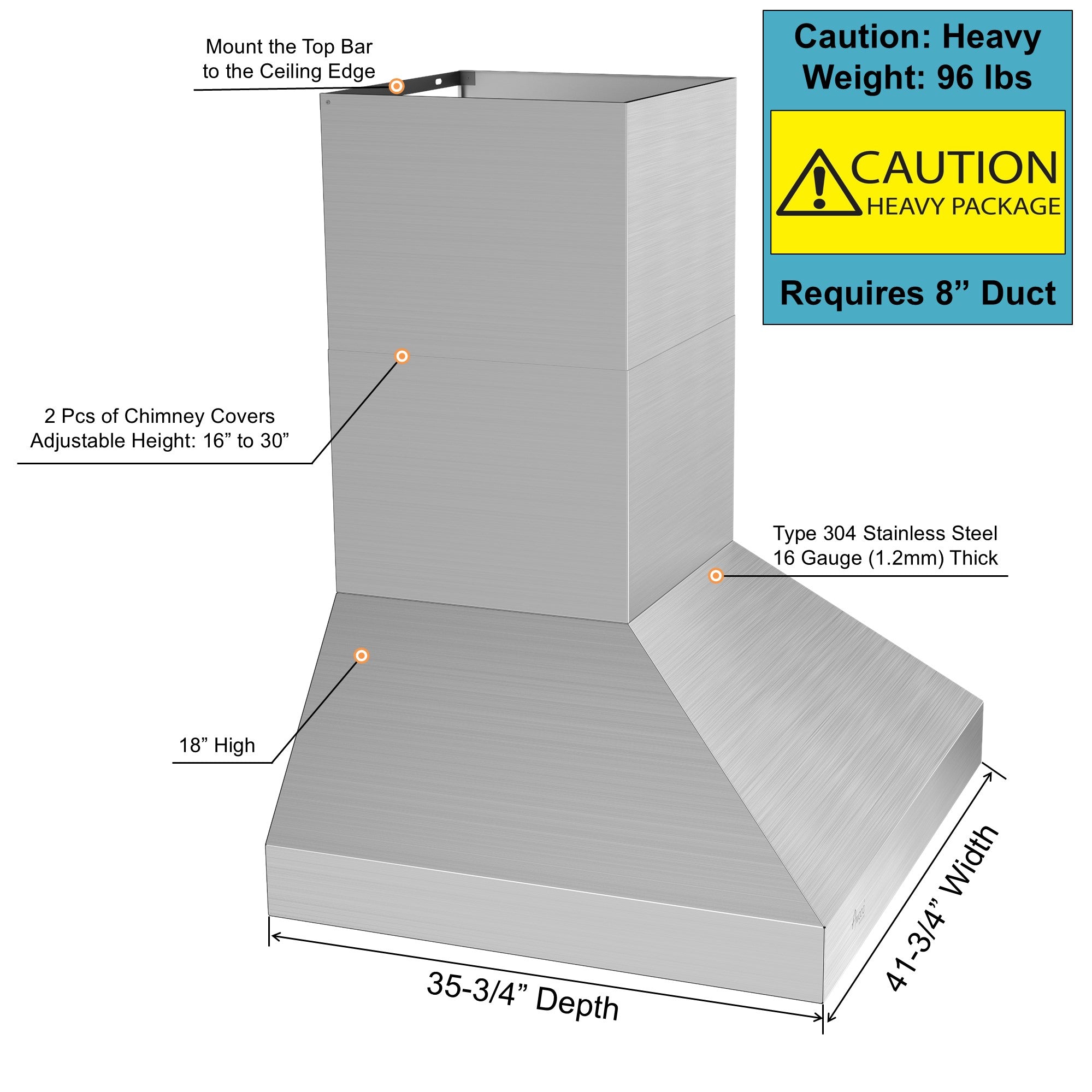 Awoco 42” Outdoor BBQ Wall Mount Vent Hood Type 304 Stainless Steel, 4 Speeds 1000 CFM, Adjustable LED Lights, 8” Round Top Vent