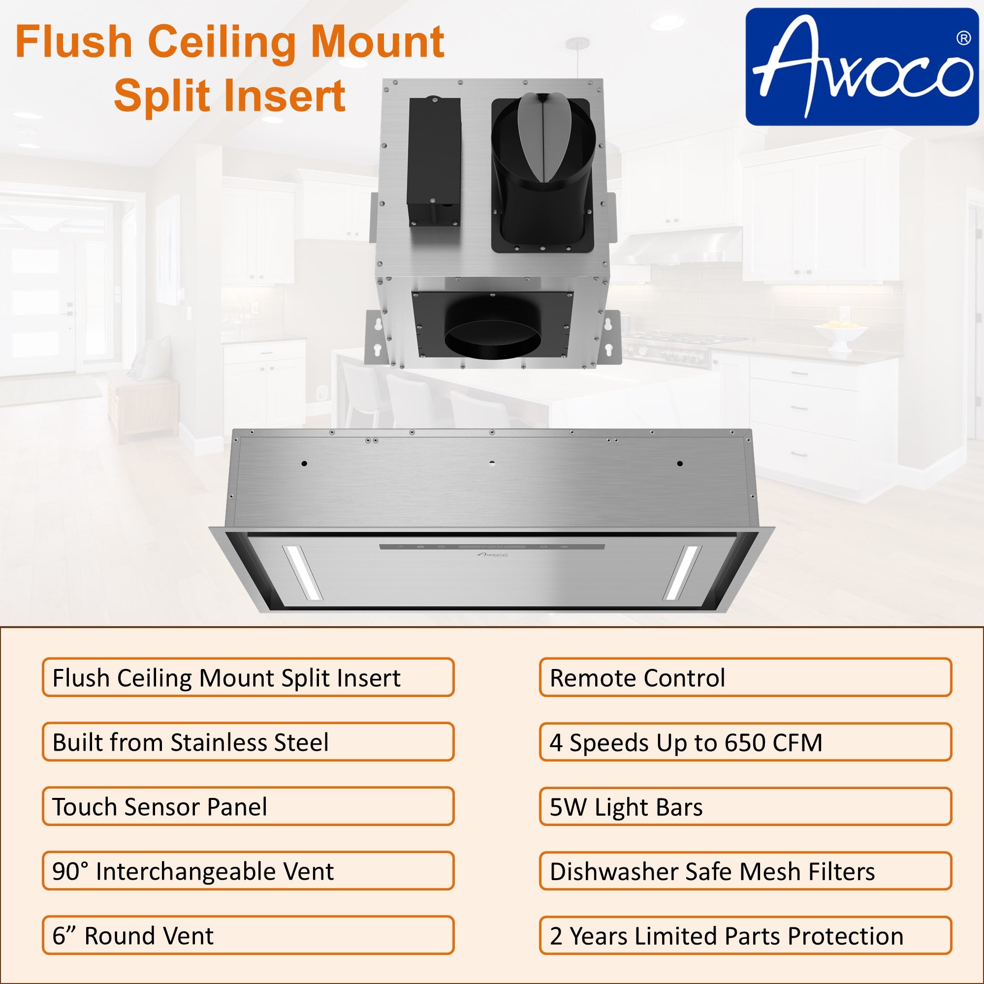 Awoco 30”W Flush Ceiling Mount Split Insert Range Hood, Stainless Steel 4 Speeds 650 CFM, 6” Round Vent LED Lights Remote Control