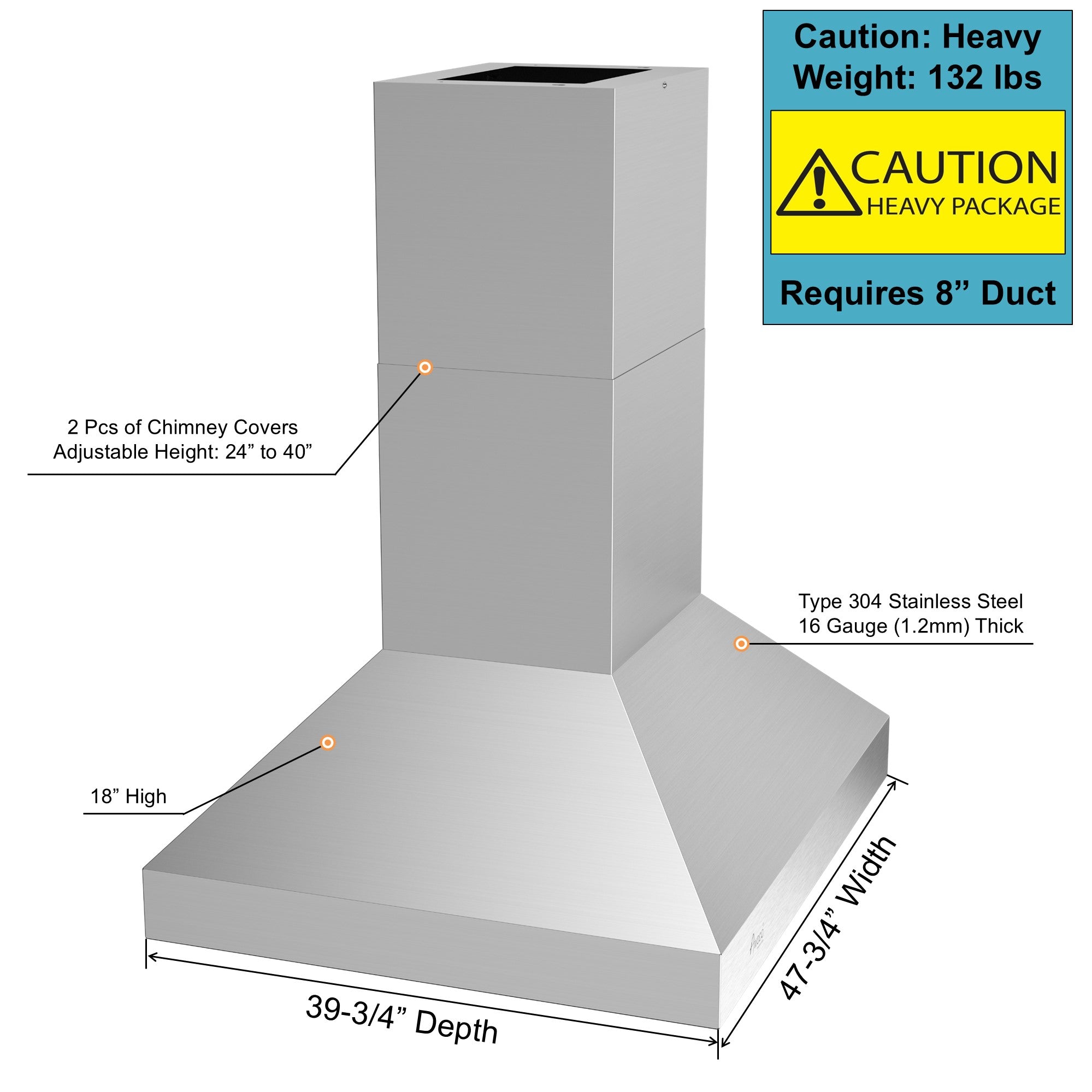 Awoco 48” Outdoor BBQ Island Mount Vent Hood Type 304 Stainless Steel, 4 Speeds 2000 CFM, Dual Blowers, Adjustable LED Lights, 2 x 8” Round Top Vents