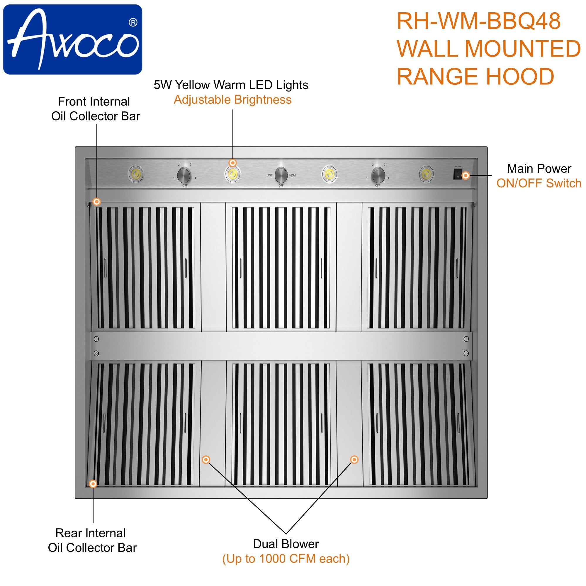 Awoco 48” Outdoor BBQ Vent Hood 17” High Type 304 Stainless Steel, 4 Speeds 2000 CFM, Dual Blowers, Adjustable LED Lights, 8” Round Top Vent