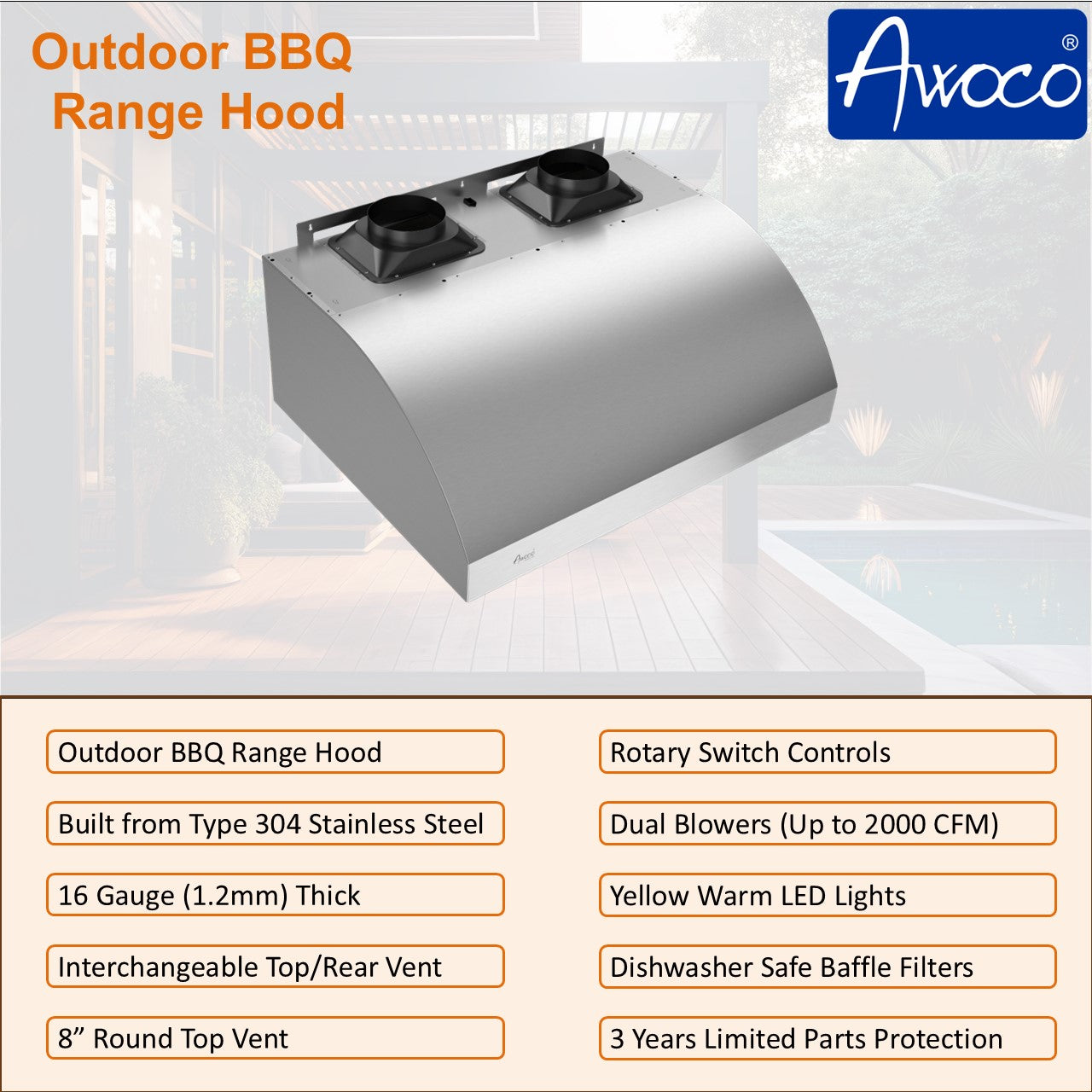 Awoco 48” Outdoor BBQ Vent Hood 17” High Type 304 Stainless Steel, 4 Speeds 2000 CFM, Dual Blowers, Adjustable LED Lights, 8” Round Top Vent