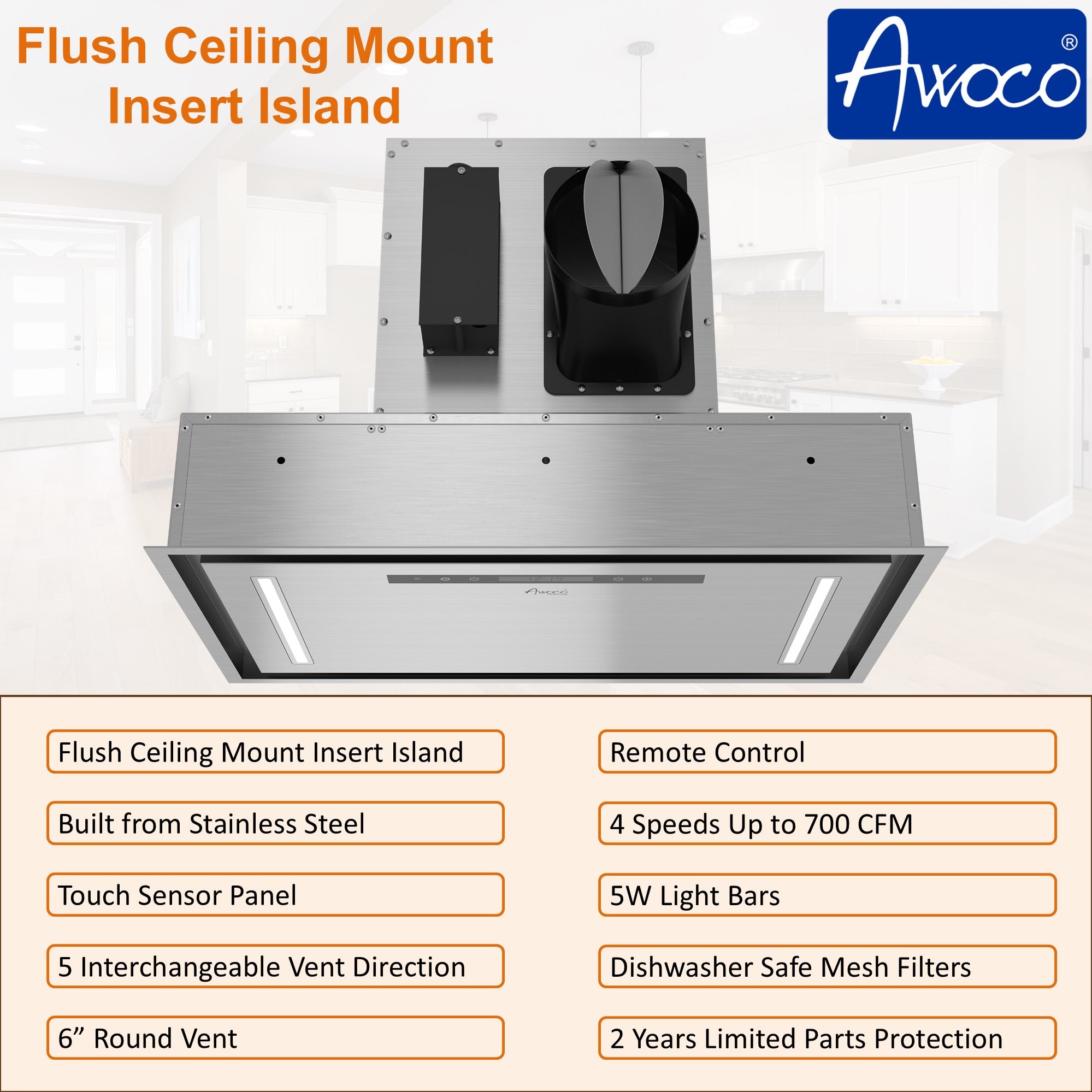 Awoco 30”W Flush Ceiling Mount Insert Island Range Hood, Stainless Steel 4 Speeds 700 CFM, 6” Round Vent LED Lights Remote Control