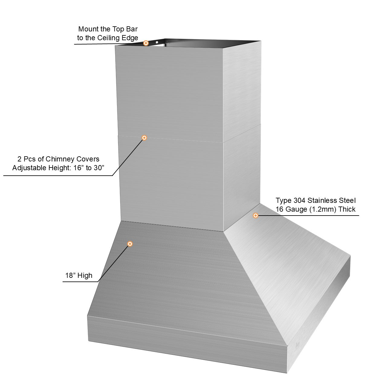 Awoco 48” Outdoor BBQ Wall Mount Vent Hood Type 304 Stainless Steel, 4 Speeds 2000 CFM, Dual Blowers, Adjustable LED Lights, 2 x 8” Round Top Vents