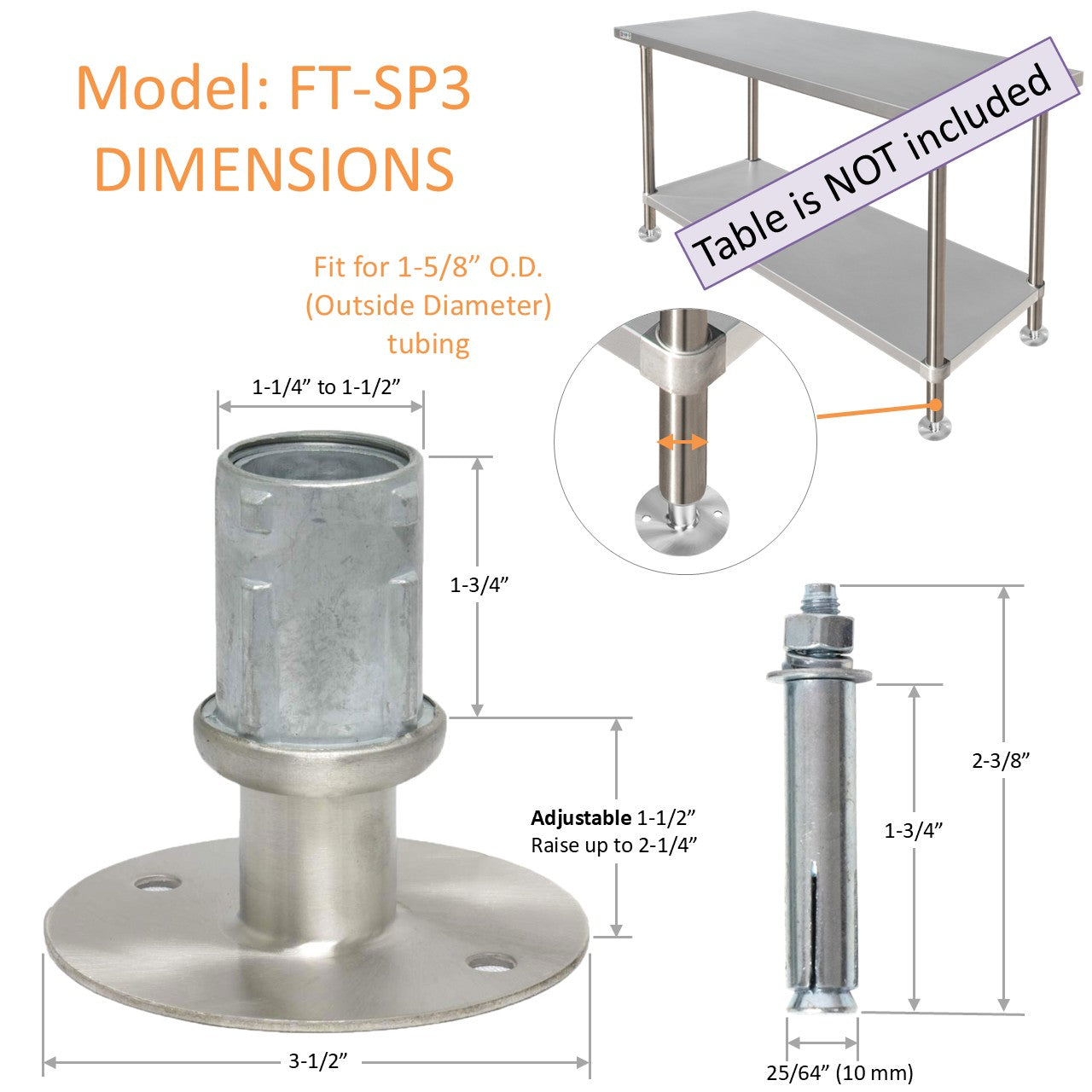 GSW FT-SP3 4 Sets Stainless Steel Adjustable Flanged Feet for 1-5/8" O.D Tubing, 3-1/2" Diameter Table Round Base for Restaurant Equipment