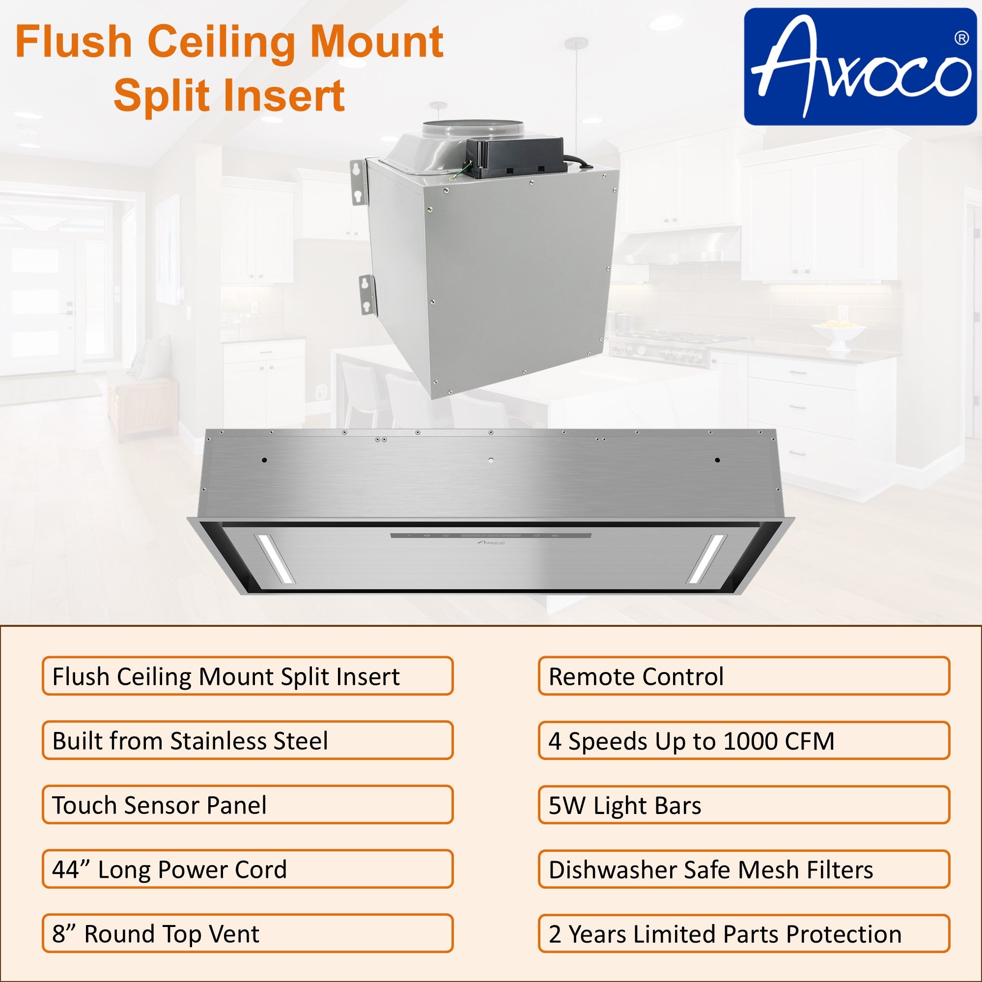 Awoco 36”W Flush Ceiling Mount Split Insert Range Hood, Stainless Steel 4 Speeds 1000 CFM, 8” Round Vent LED Lights Remote Control