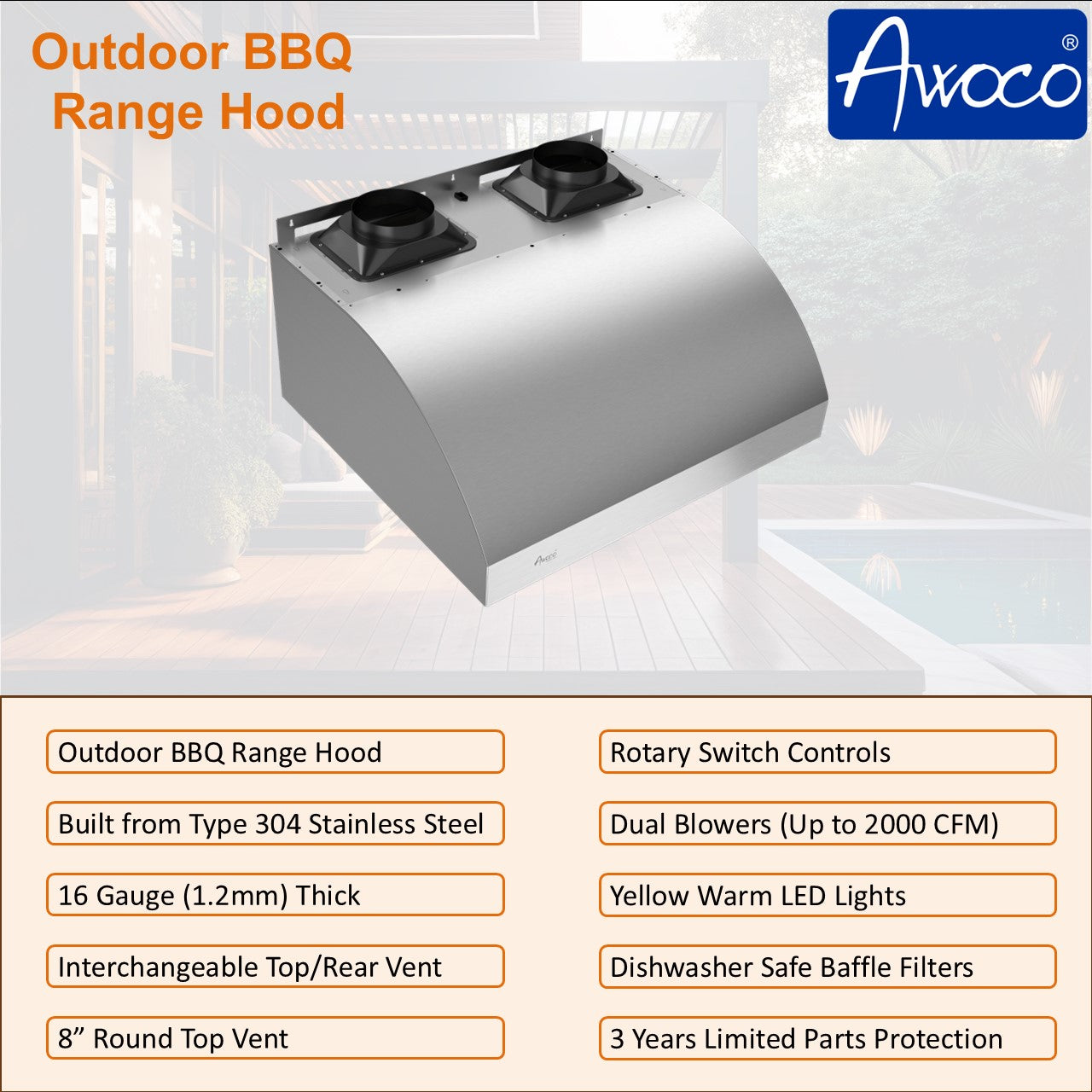 Awoco 42” Outdoor BBQ Vent Hood 17” High Type 304 Stainless Steel, 4 Speeds 2000 CFM, Dual Blowers, Adjustable LED Lights, 8” Round Top Vent