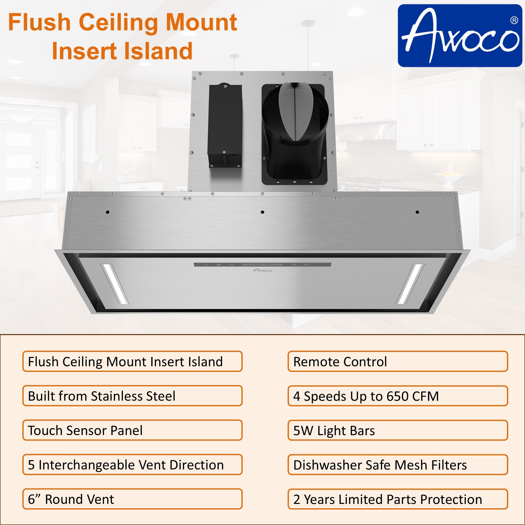 Awoco 36”W Flush Ceiling Mount Insert Island Range Hood, Stainless Steel 4 Speeds 650 CFM, 6” Round Vent LED Lights Remote Control